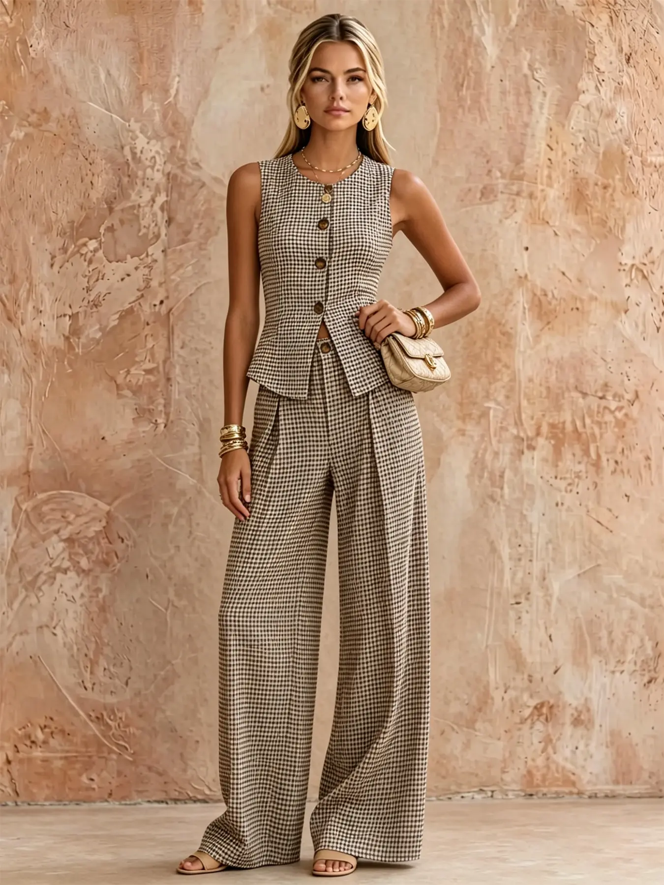 A two-piece preppy matching set of women's fashionable coffee white small plaid sleeveless vest wide leg pants, retro herringbone plaid looks slim and tall, suitable for commuting, outdoor and indoor wear, Elegant Casual Set