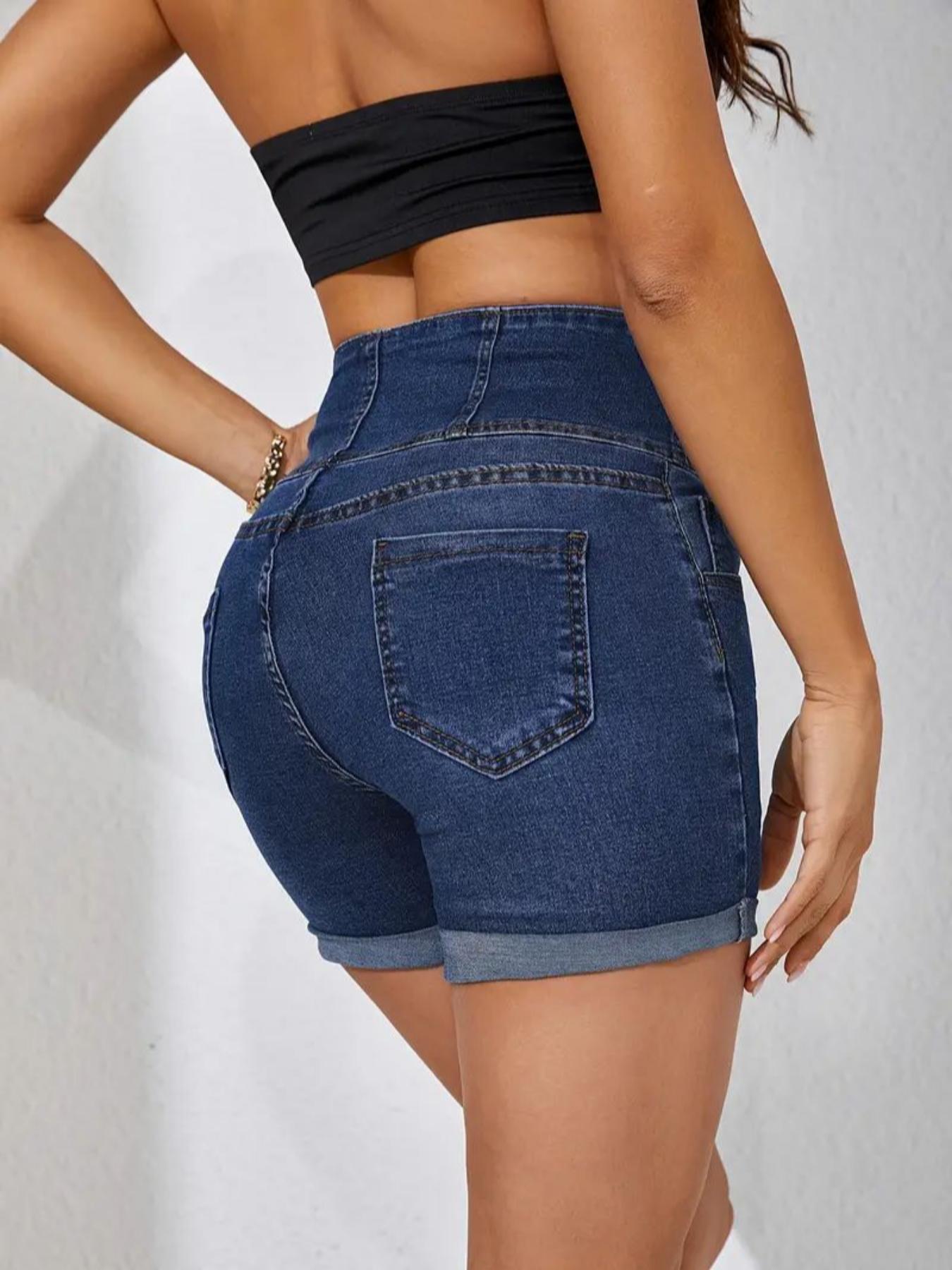 Women's High Waist Denim Shorts, Casual Comfy Button Fly Skinny Shorts for Daily Wear, Ladies Bottoms for All Seasons