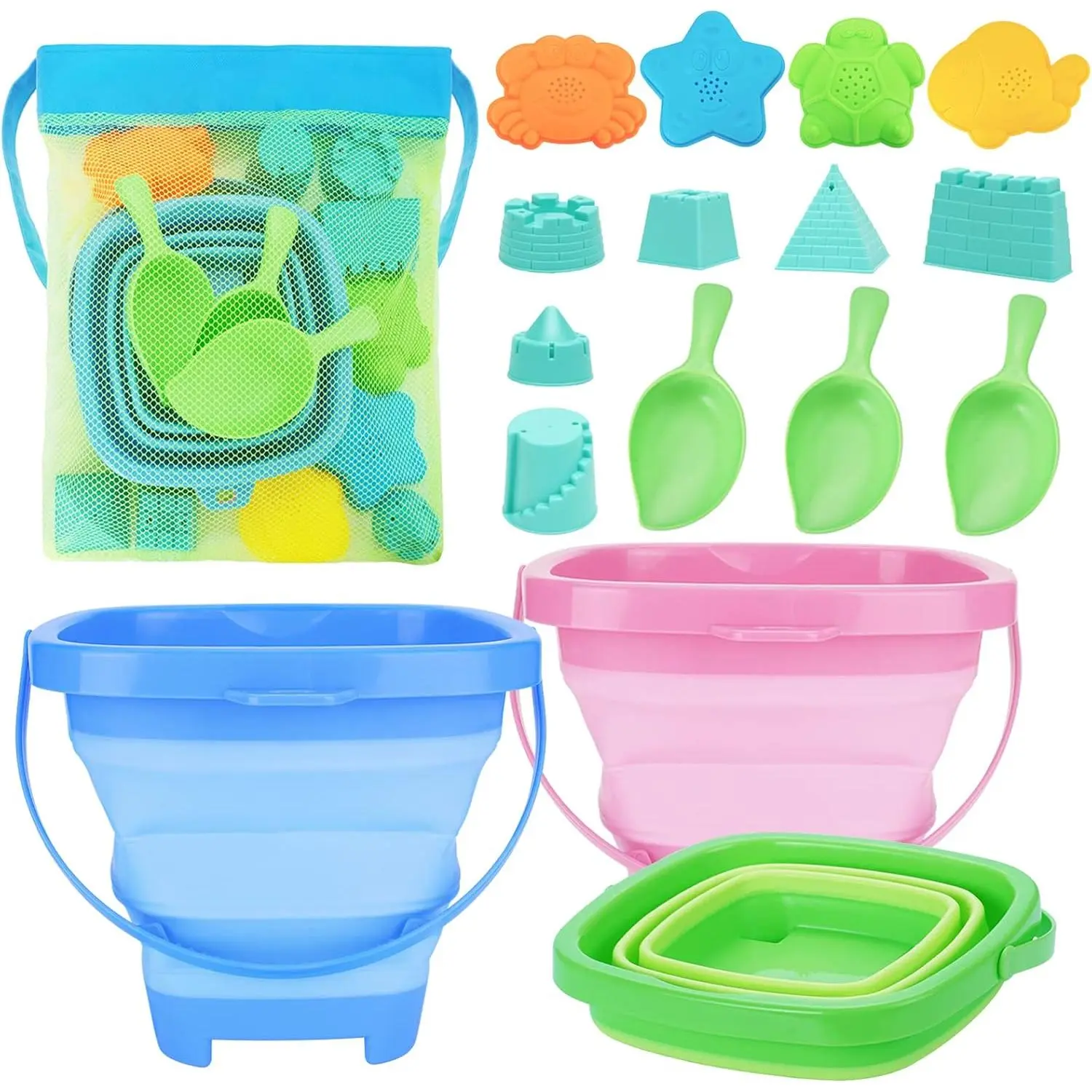 Collapsible Beach Toys for Kids - 3 Pack Foldable Sand Buckets and Shovels Set with Mesh Bag, Silicone Pails for Beach Travel Essentials, Easter Egg Hunt, Sand Molds for Toddlers