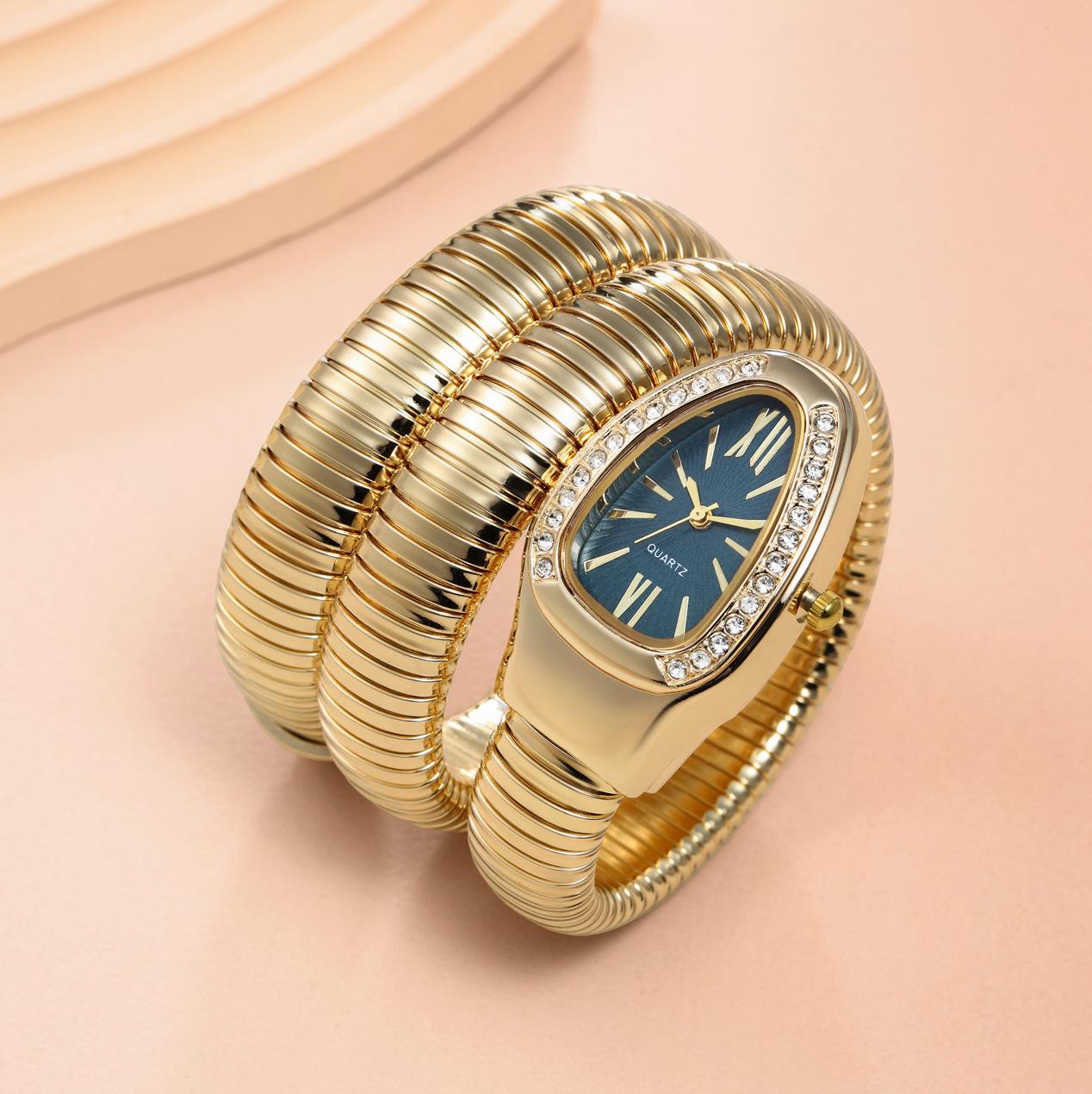 Women's Luxury Gold Snake Bangle Quartz Watch - Wrap Around Wristwatch with Crystal Diamond Bezel, Mother of Pearl Dial, Roman Numerals, Elegant Retro Statement Timepiece, Perfect Gift for Her