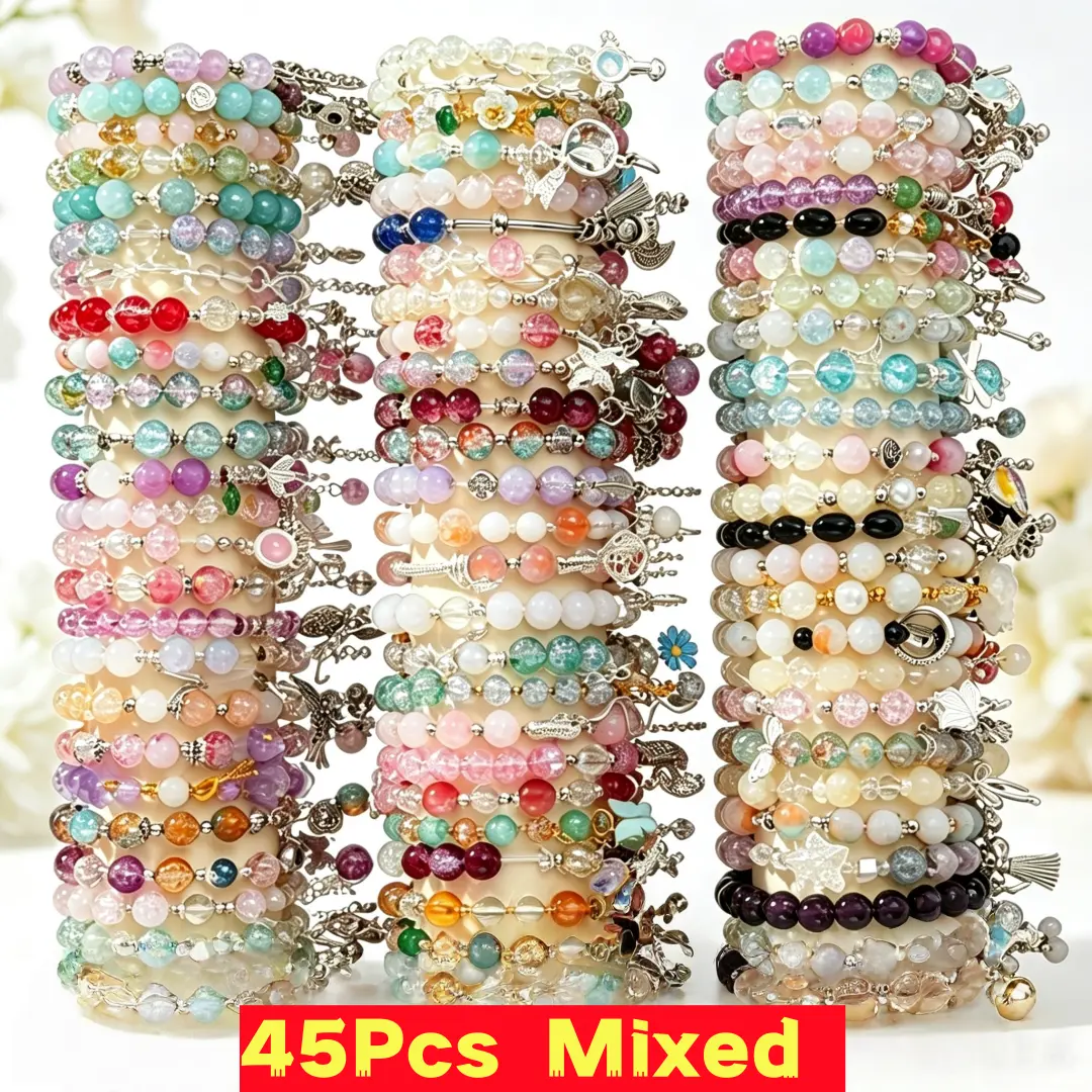 Bohemian Bracelets & Bangles Set, 45Pcs Assorted Colored Glass Bead Stretch Jewelry for Women with Butterfly Pendants, Casual Attire & Holiday Gifts, Bohemian Mix