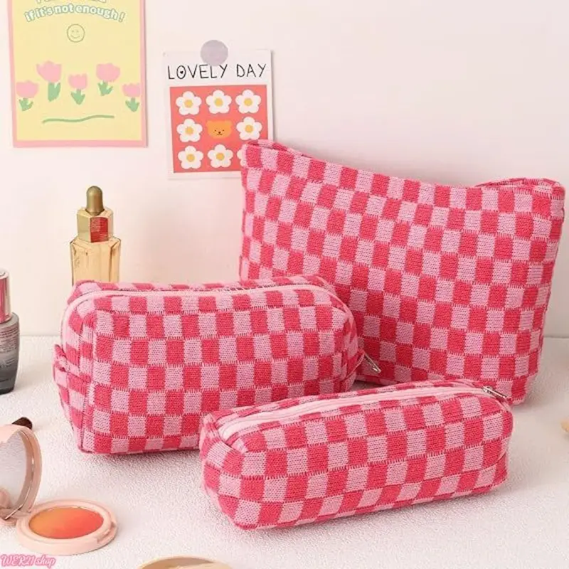 [SummerWins]3 Pieces Makeup Bag Large Checkered Cosmetic Bag Capacity Canvas Mix Travel Toiletry Bag Organizer Cute Makeup Brushes Aesthetic Accessories Storage Bag for Women, Checkered Mix Rose Red