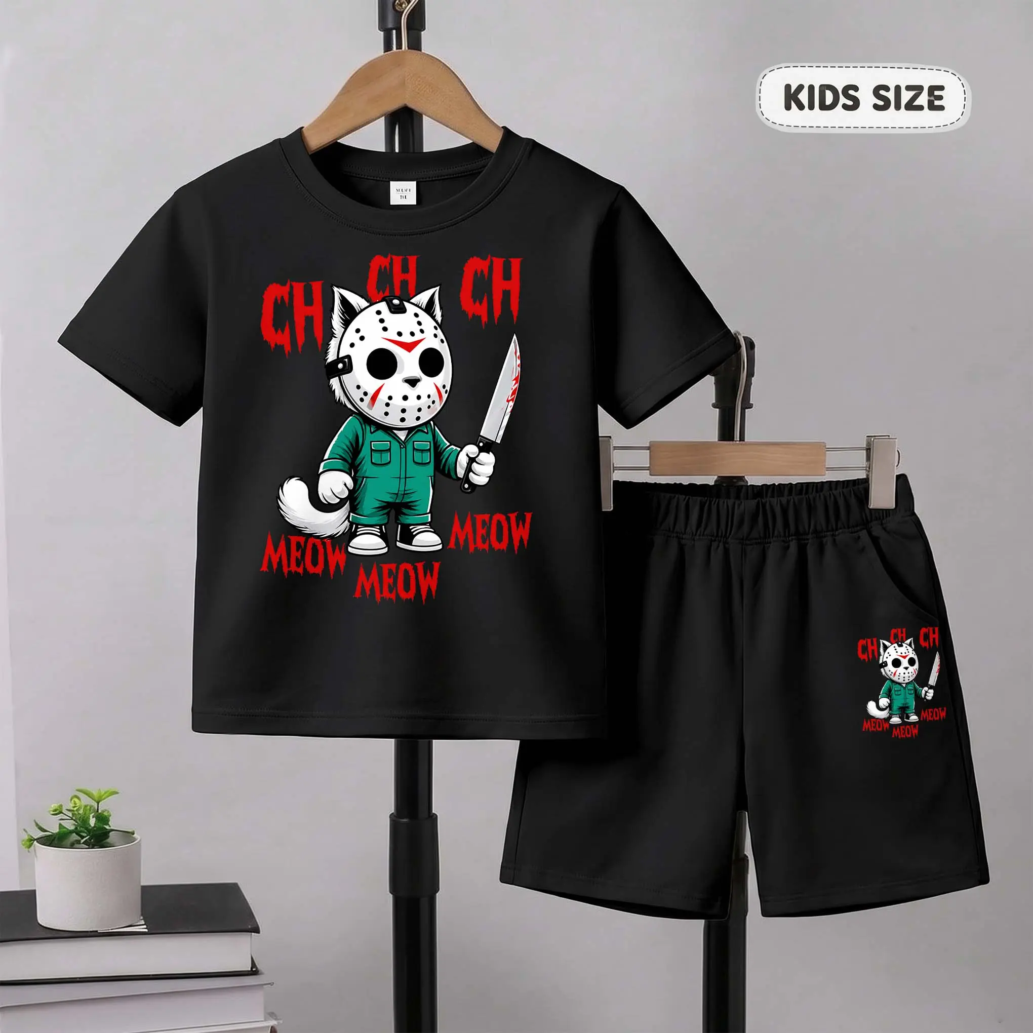 Kids' 2-Piece Outfit Set, Breathable Cat Graphic Short Sleeve Top & Shorts with Elastic Waist, Summer Clothes for Kids Outdoor Play in Children's Size