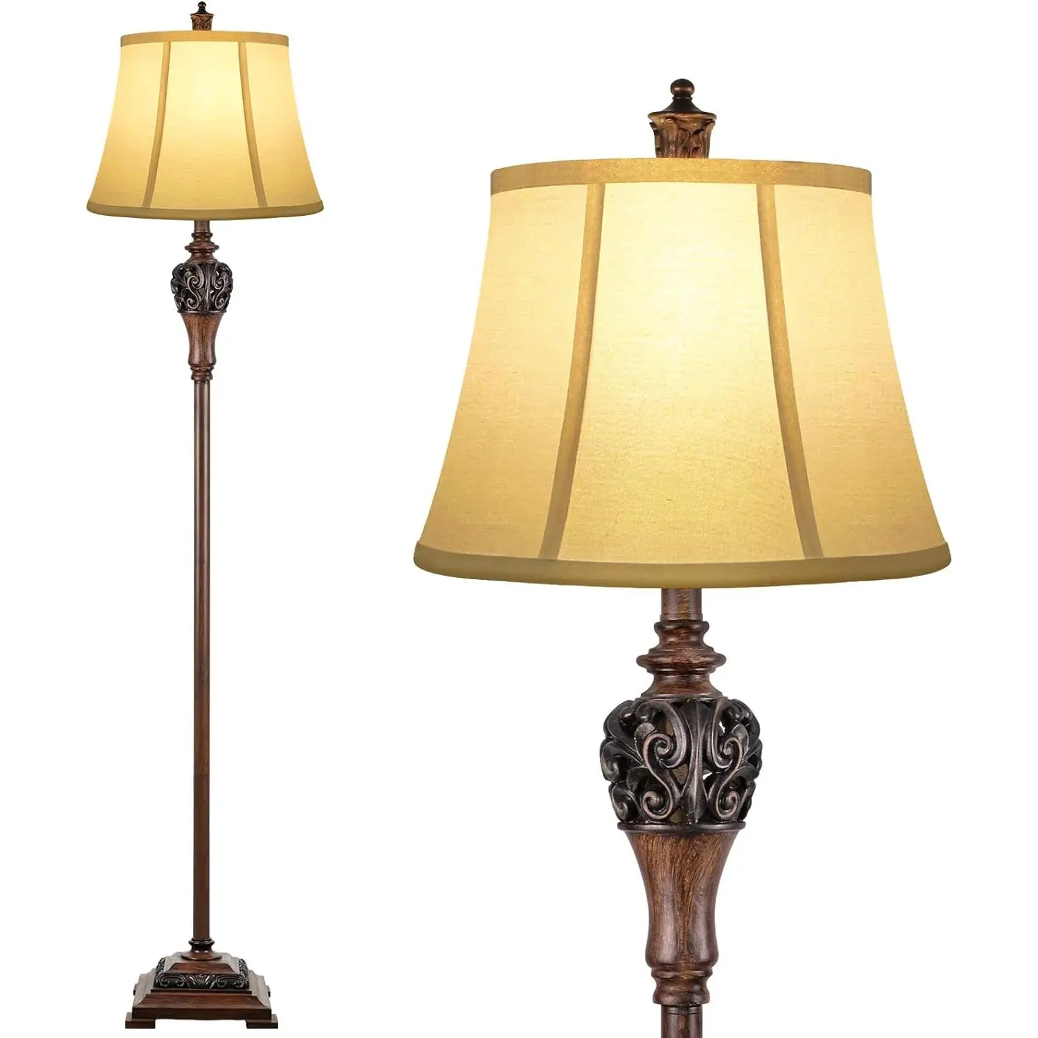 Vintage Floor Lamp for Living Room, Traditional Farmhouse Tall Standing Lamp, Mid-Century Antique Pole Lamp for Bedroom Reading with White Fabric Shade, Rustic Bright Lighting Home Decor