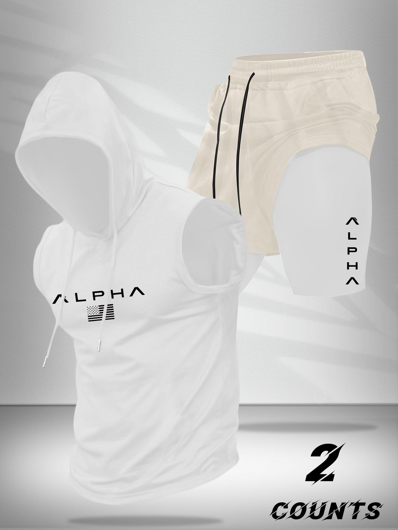 Hooded Vest and Gym Shorts Two-Piece Set, Casual Summer with Letter Pattern, Fitted Knitted Sportswear for Active Lifestyle, Sportswear Running Fitness, Workout Running Clothes, Streetwear Tracksuit Set