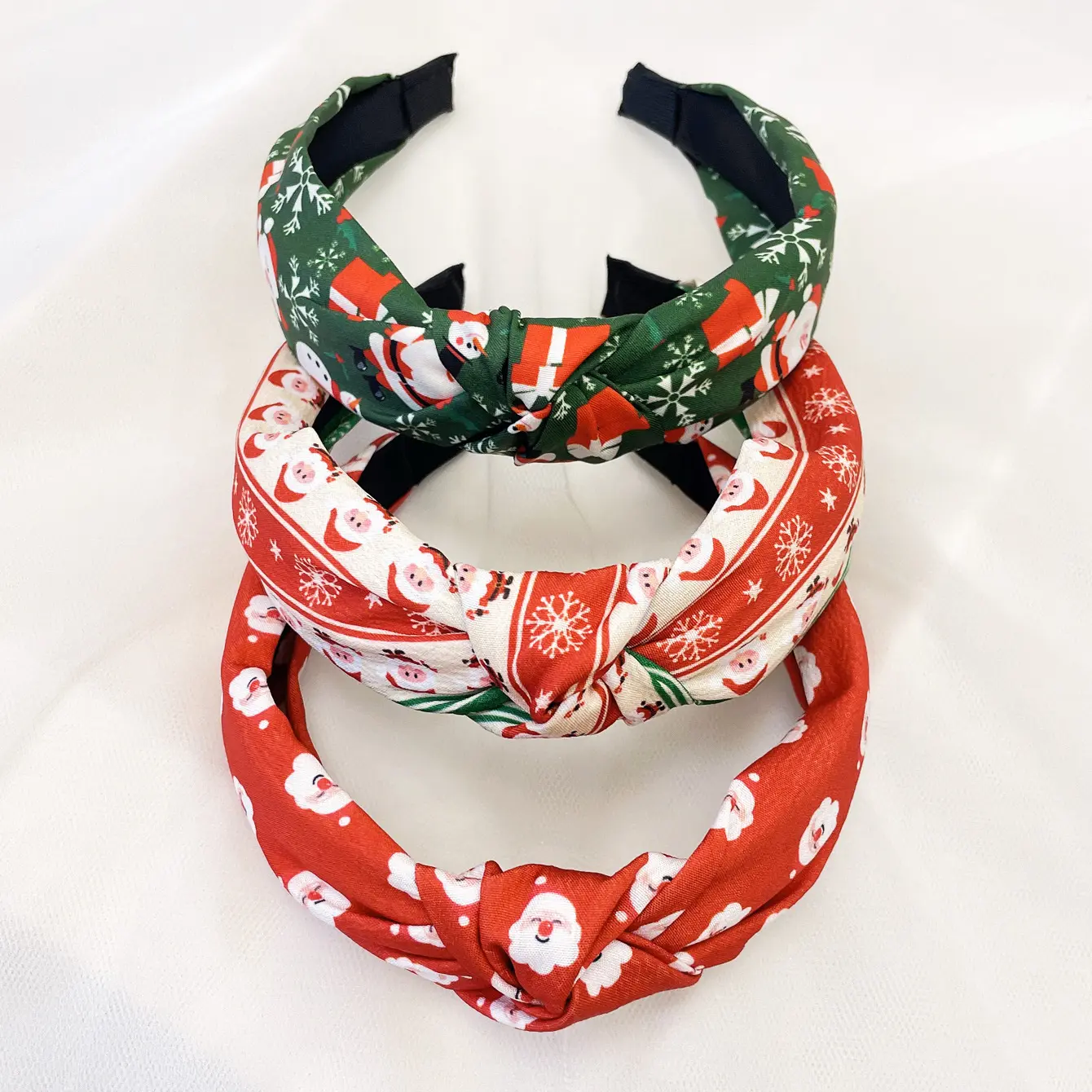 Christmas headband set with tree, snowman, snowflake, reindeer and gingerbread man patterns, fabric cross knot design, festive hair accessory for holiday parties and celebrations, Party Wear, Fabric Band