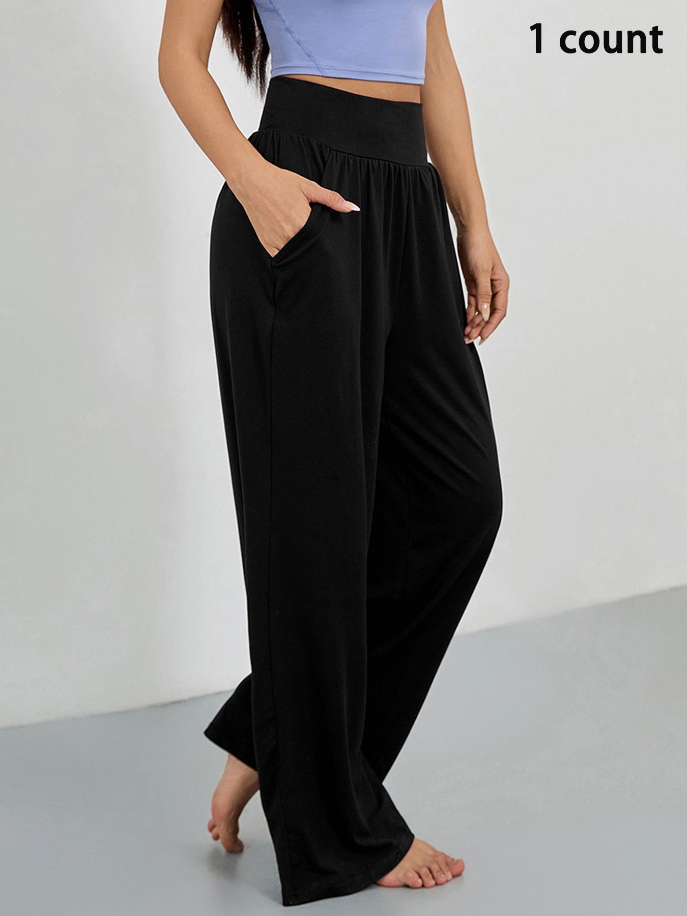 Women's Sporty Solid Color Pocket Pants, Casual Comfy Breathable Wide Waistband Trousers for Outdoor Workout Running, Ladies Sportswear for All Seasons