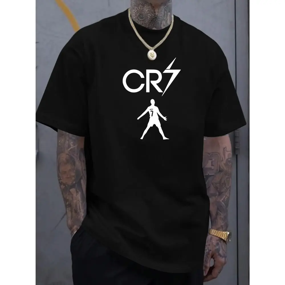 Men's CR7 Print Casual Short-Sleeve T-Shirt - Menswear, Undershirt, Basic Comfy Polyester Lightweight Regular-Fit Crew Neck Summer Tee, Ideal Gift for Daily Casual Wear
