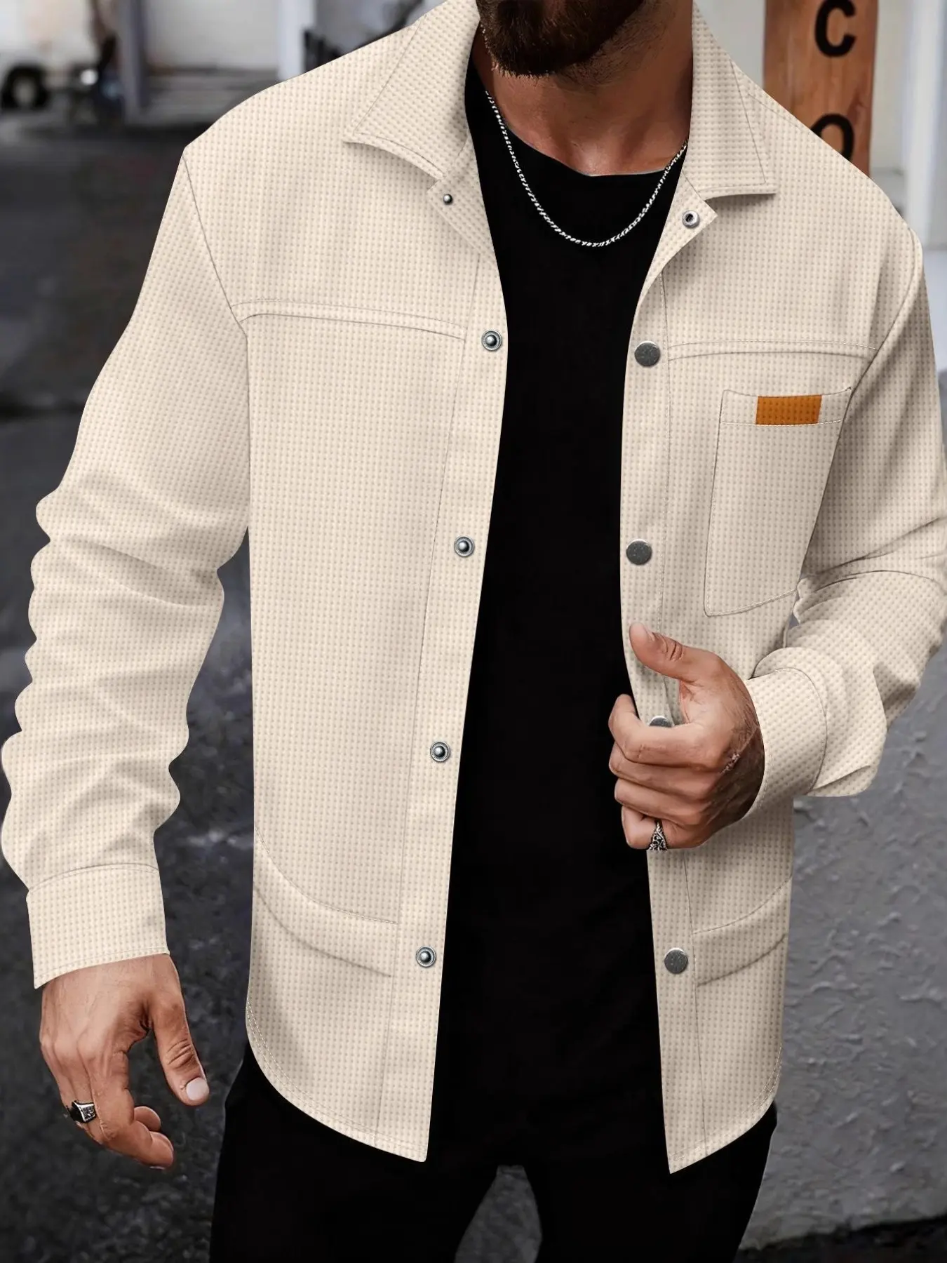 Men's Workwear Style Jacket, Waffle Roll Collar Solid Color Snap Button Pocket Long Sleeve, Casual Spring & Fall Plain Design Outerwear