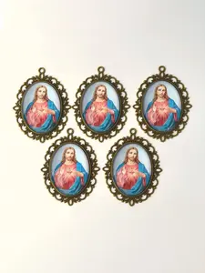 5pcs 13x18mm Jesus Sacred Heart Oval Pendant, Vintage Bronze Hollow Lace Edge Religious Charm, DIY Beads Necklace Jewelry Making Accessories