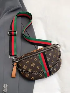 Fashion Women PU Leather Printed Waist Chest Bag Crossbody Shoulder Handbag Stylish Geometric Pattern Daily Use