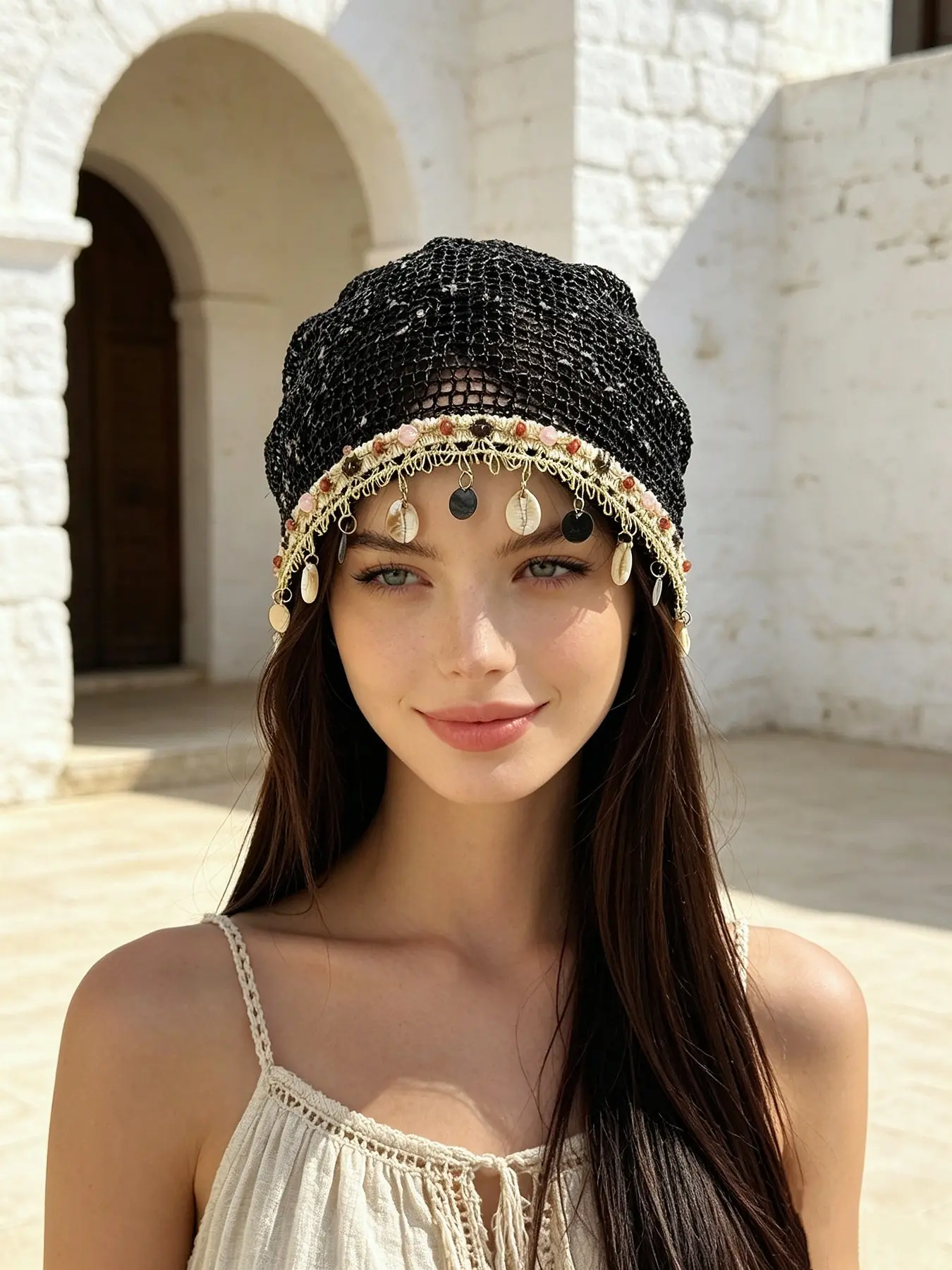 Boho Style Mesh Beanie Hat, Beach Hat, Handmade Shell Fringe Decoration, Soft Headwear for Daily Wear and Vacation, Women's Fashion Accessory