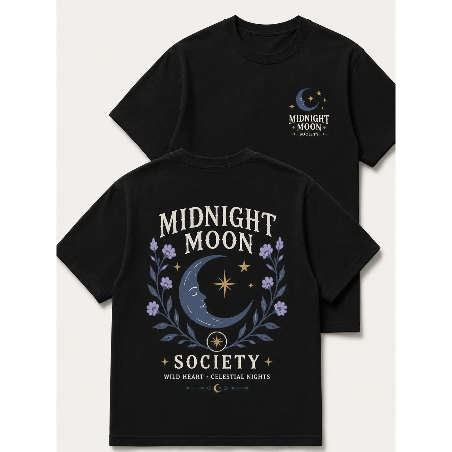 Midnight Moon Society T-Shirt, Celestial Moon Graphic Tee, Vintage Boho Floral Shirt, Mystic Stars Casual Short Sleeve Top, Unisex Graphic Tee