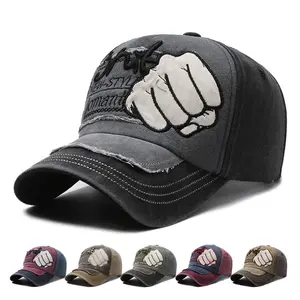 Unisex Vintage Washed Fist Embroidered Peaked Cap Big Head Friendly Face Slimming Adjustable Breathable Sun Protection Baseball Cap for Outdoor Hiking Travel Shopping Casual Daily Wear