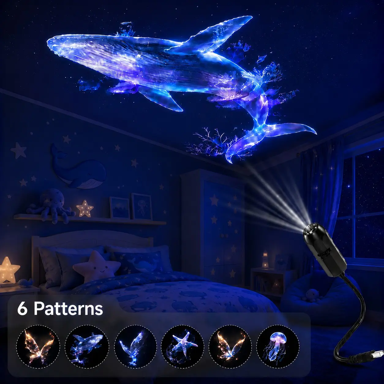 Mini USB LED Ocean Projector, Decorative Art Lamp with 6PCS Projection Discs, Whale, Butterfly, Jellyfish and Starfish Atmosphere Light for Home, Holiday and Party Lighting