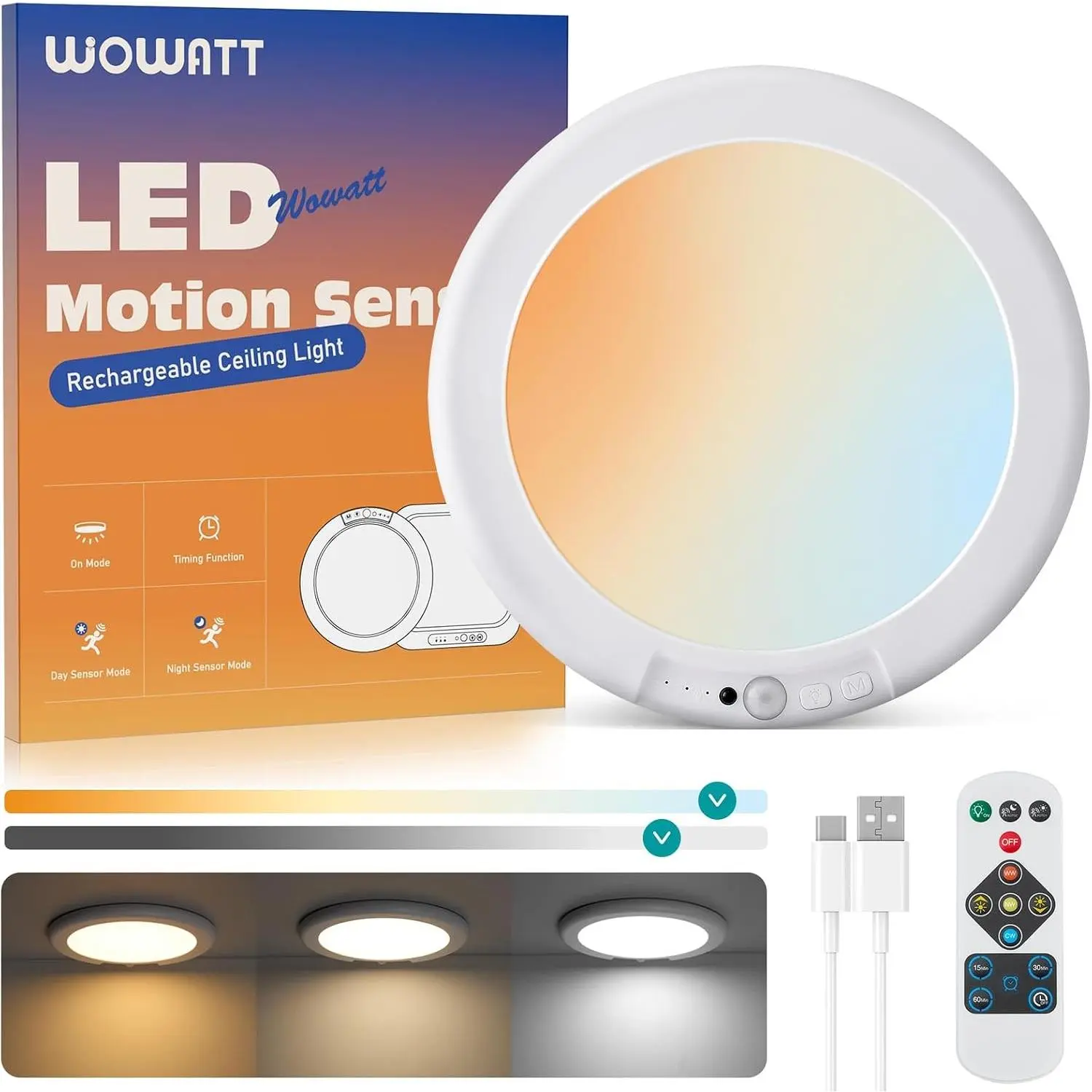 Rechargeable Ceiling Lights Battery Operated Ceiling Light with Remote Wireless Shower Lighting 3000K 4500K 6500K 7.48in Dimmable Timing Overhead Light for Closet Shower Living Room