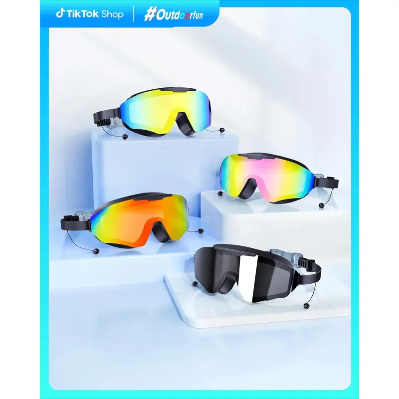 Unisex Adult Swim Glasses - Frameless Silicone Waterproof Swimming Goggles, 3-Color Gradient UV Resistant Lenses, Fog Free Anti-Fog Coating, Sealed Waterproof Seal, Full Cover, Detachable Earplugs for Ears-Free Chat, Outdoor Swimming Accessory