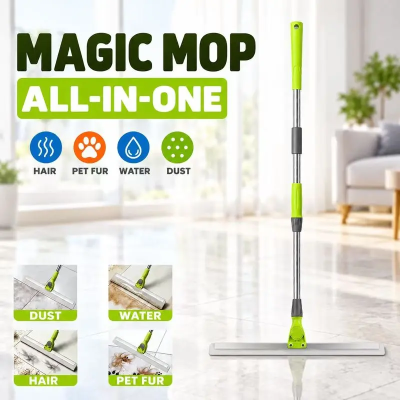 Magic Microfiber Mop - Wet Dry Floor Cleaner with Squeegee & Adjustable Handle, Removes Dust, Pet Hair & Water Easily