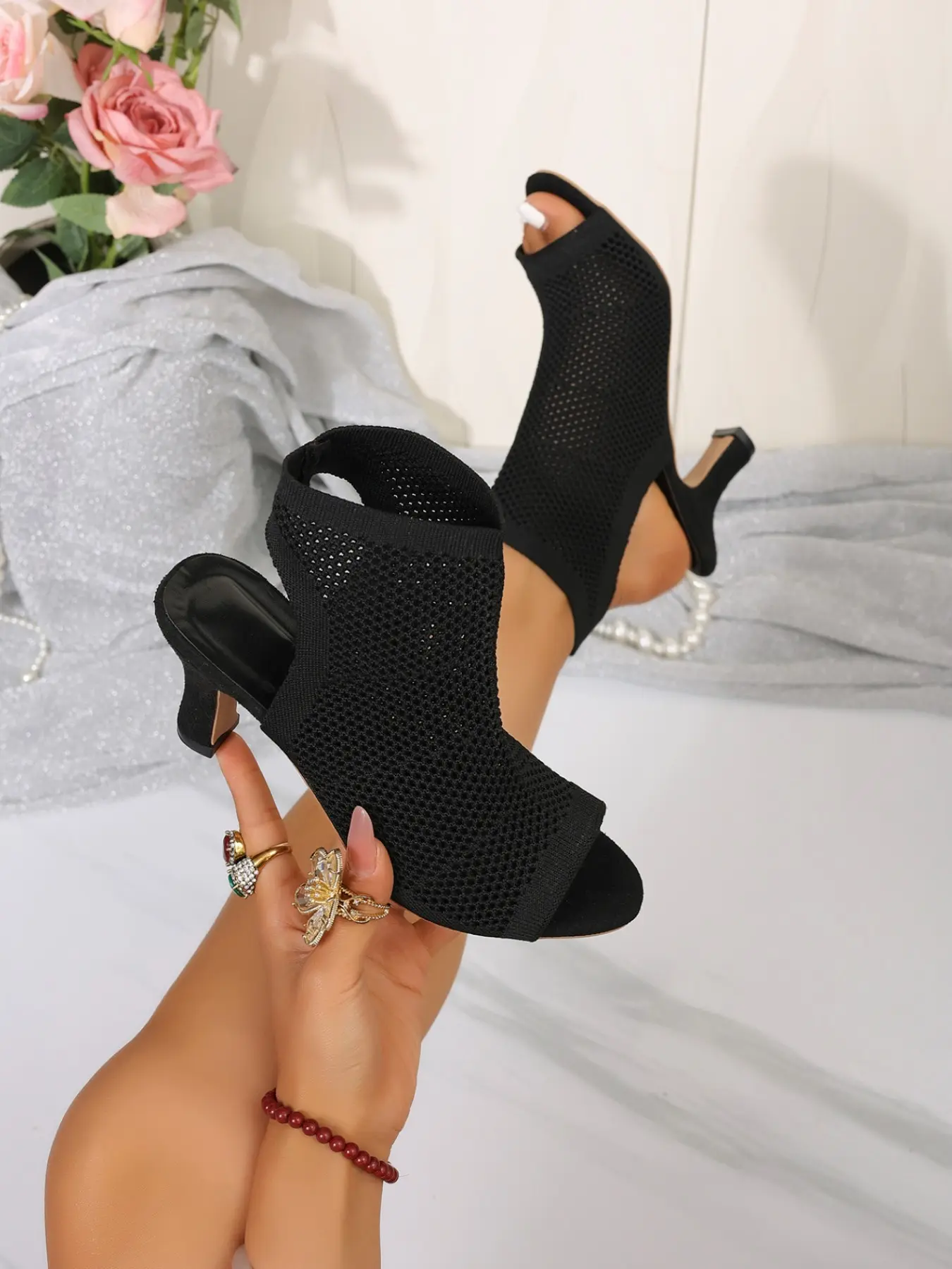 Elastic Leg Net Sandals, One-Piece Knitted Fabric, Fish Mouth Open Toe, Versatile, Breathable Fine Heel, Summer Casual Shoes