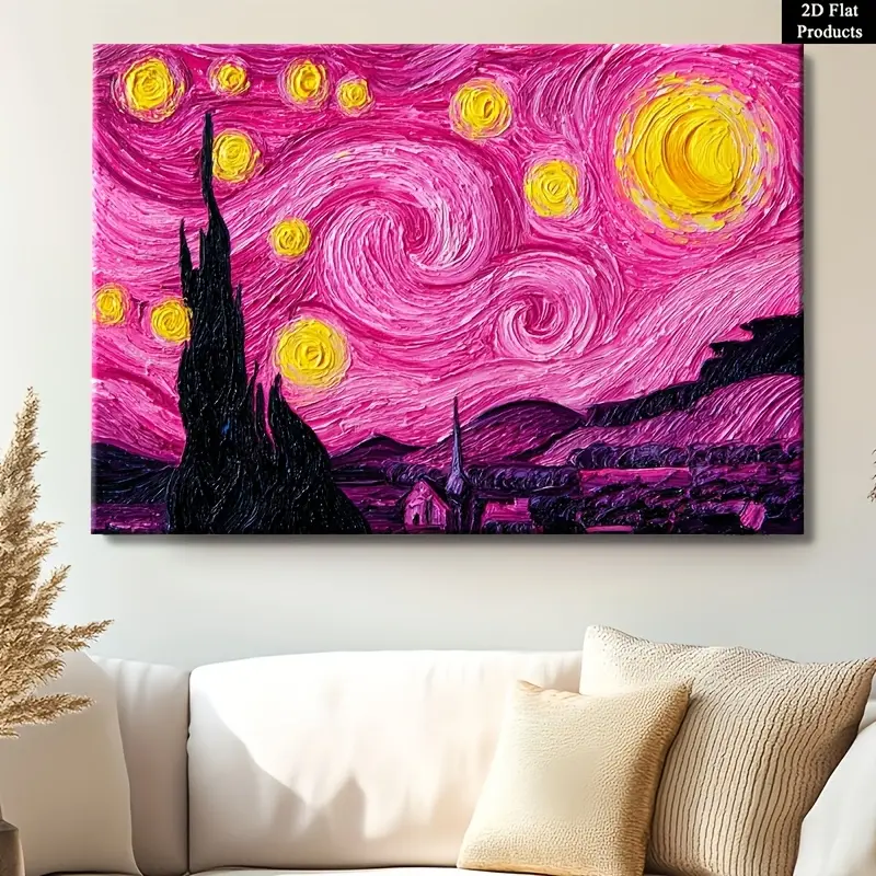 1 Framed Canvas Wall Painting - Pink Whirlpool Pop Art Van Gogh Self Portrait |   Modern Pink Hair Edition Classic |   Christmas/Bathroom/Living Room Decoration Ready To Hang And Use |   Suitable For Gift Giving, Including Frame, 2D Graphic Design