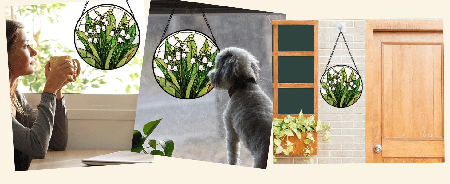 Stained Glass Window Hanging, Lily of the Valley Flower Sun Catchers Colorful Glass Panel Green Plants Suncatcher Decor for Birthday for Women,Men,Wife, Lovers, and Mom 6.3 in