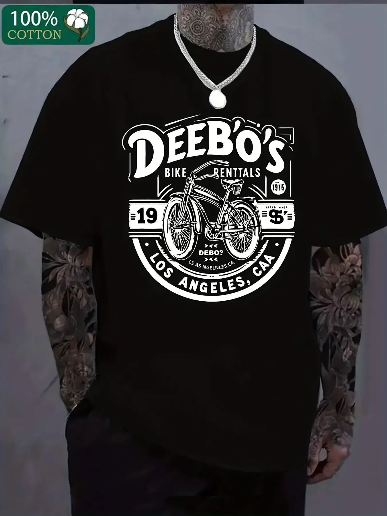 Plus size men's black printed crew neck short-sleeve T-shirt. Features retro "DEEBO'S Bike Rental" design, bicycle illustration and 1955 Los Angeles California lettering. Vintage tattoo style, casual for daily commutes and outdoor activities, machine wash
