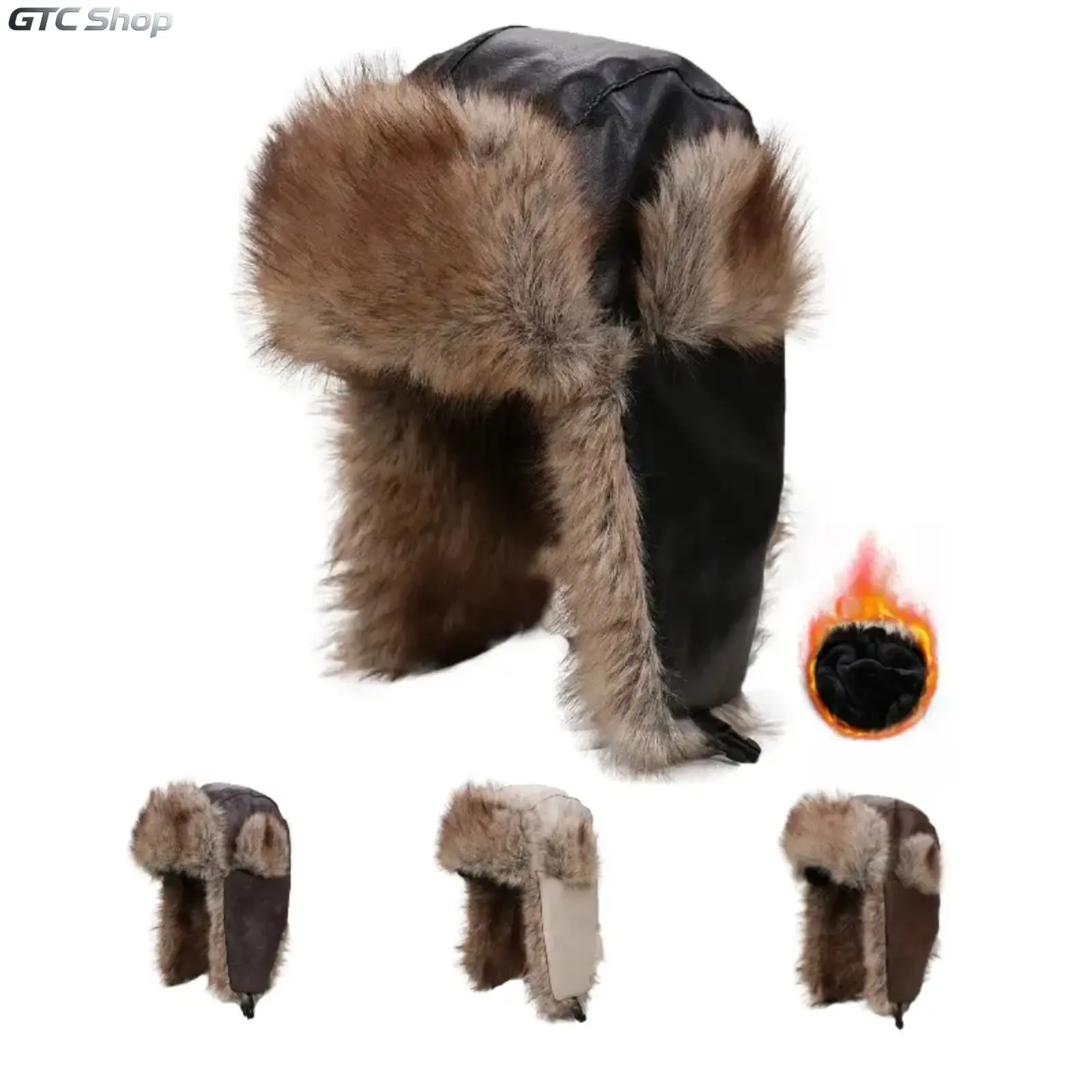 Unisex PU Leather Trapper Hat, Faux Fur Lined Ushanka Aviator Bomber Hat, Thickened Thermal Ear Flap Winter Hat, Windproof Cold Weather Headwear for Cycling, Skiing & Outdoor Sports
