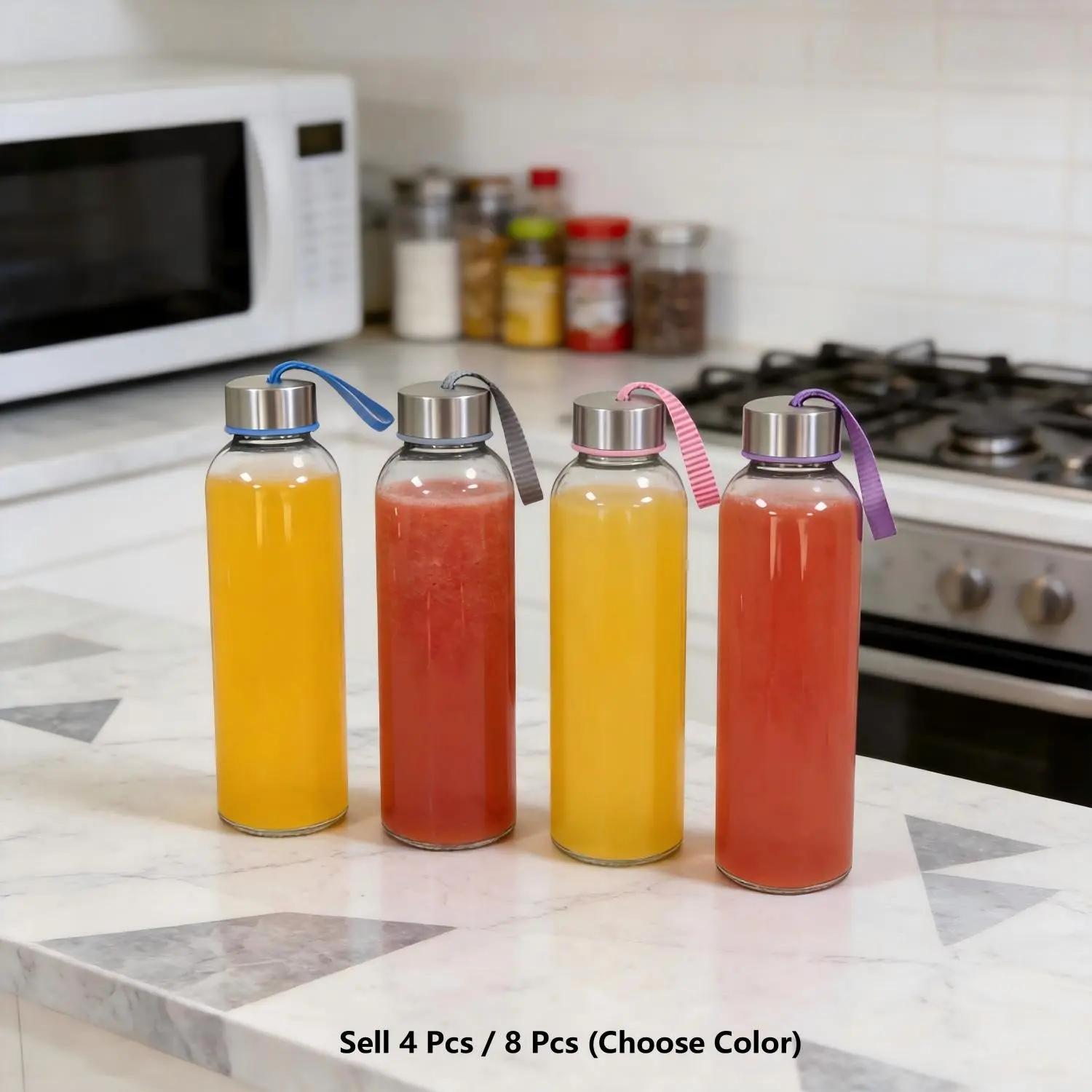 4/8 Pack Glass Water Bottles with Lids, 18oz Reusable Glass Bottles with Handles, Leak-Proof Juice Bottles