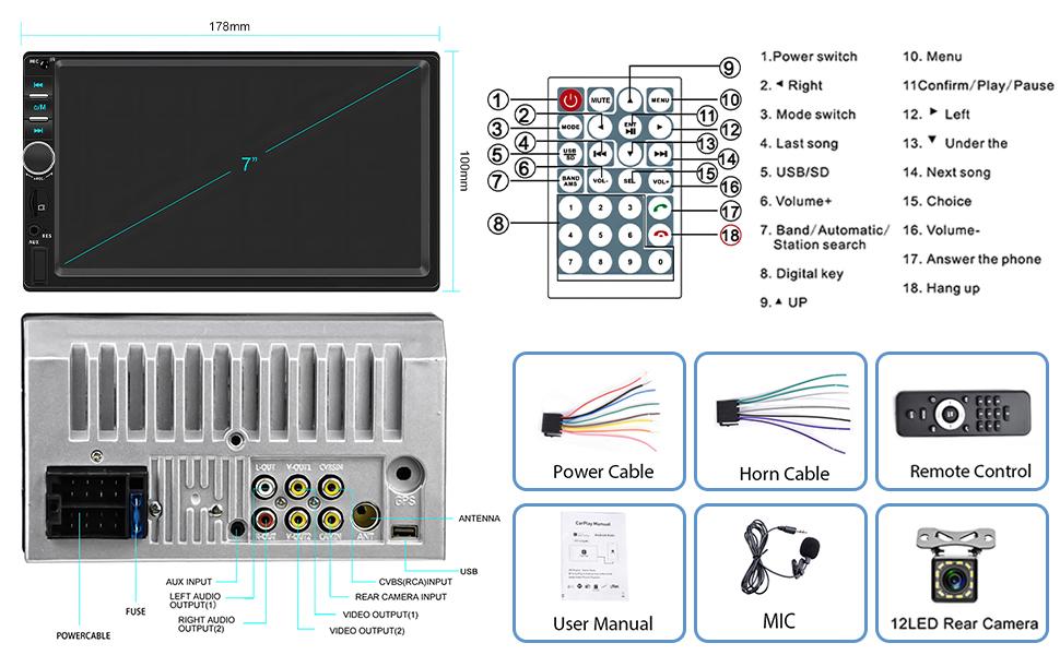 7 Inch Apple Carplay 2 Din Car Radio with Android Auto Bluetooth Handsfree Touchscreen Car Radio with Mirror Link FM/AUX/EQ/TF/AUX/SWC + Rear Camera+Microphone