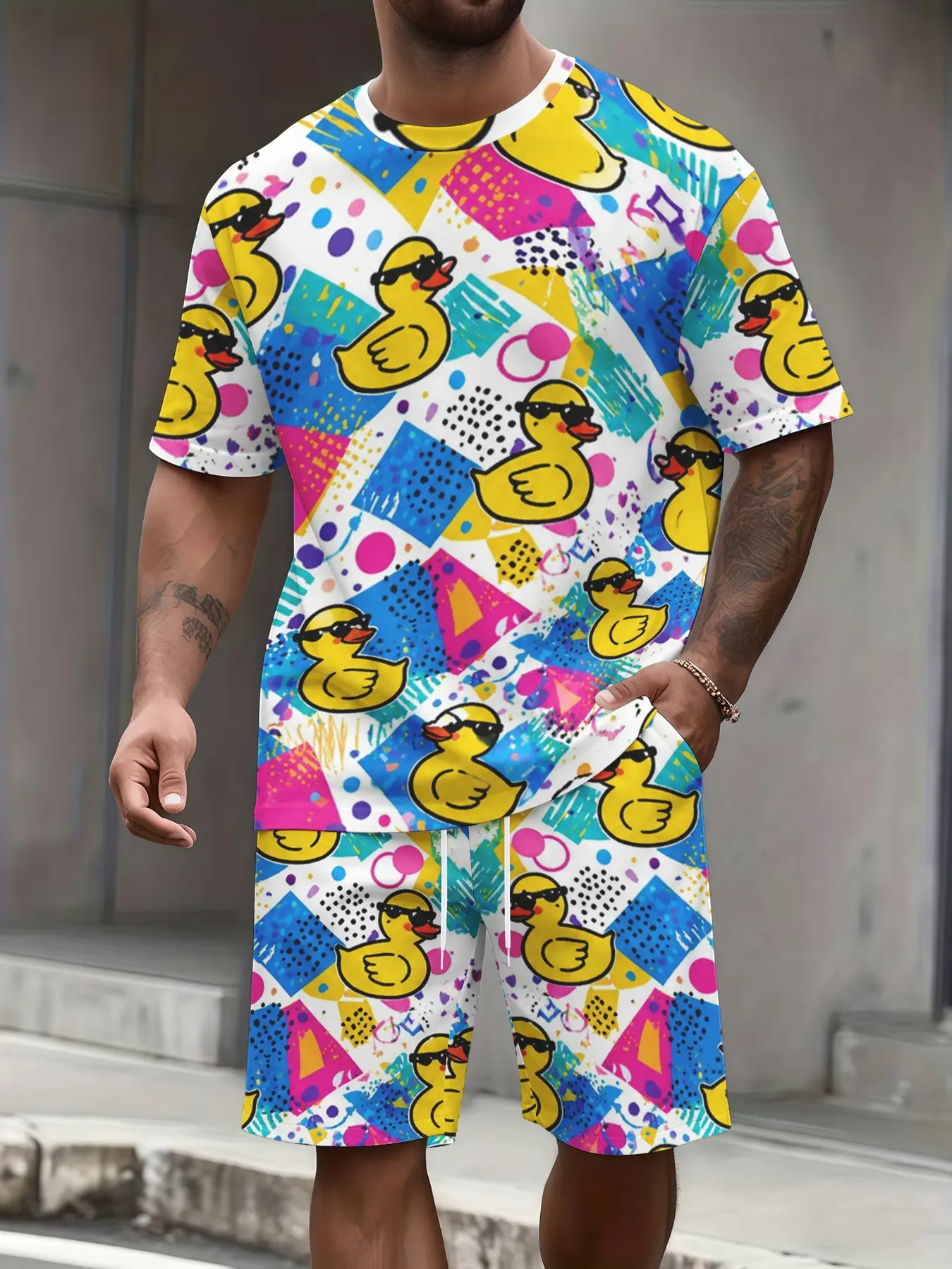 Cartoon Duck Full Print Men's Short Sleeve Shorts Set, Fun Casual Two-Piece, Loose-Fitting, All over Print, Short Sleeve