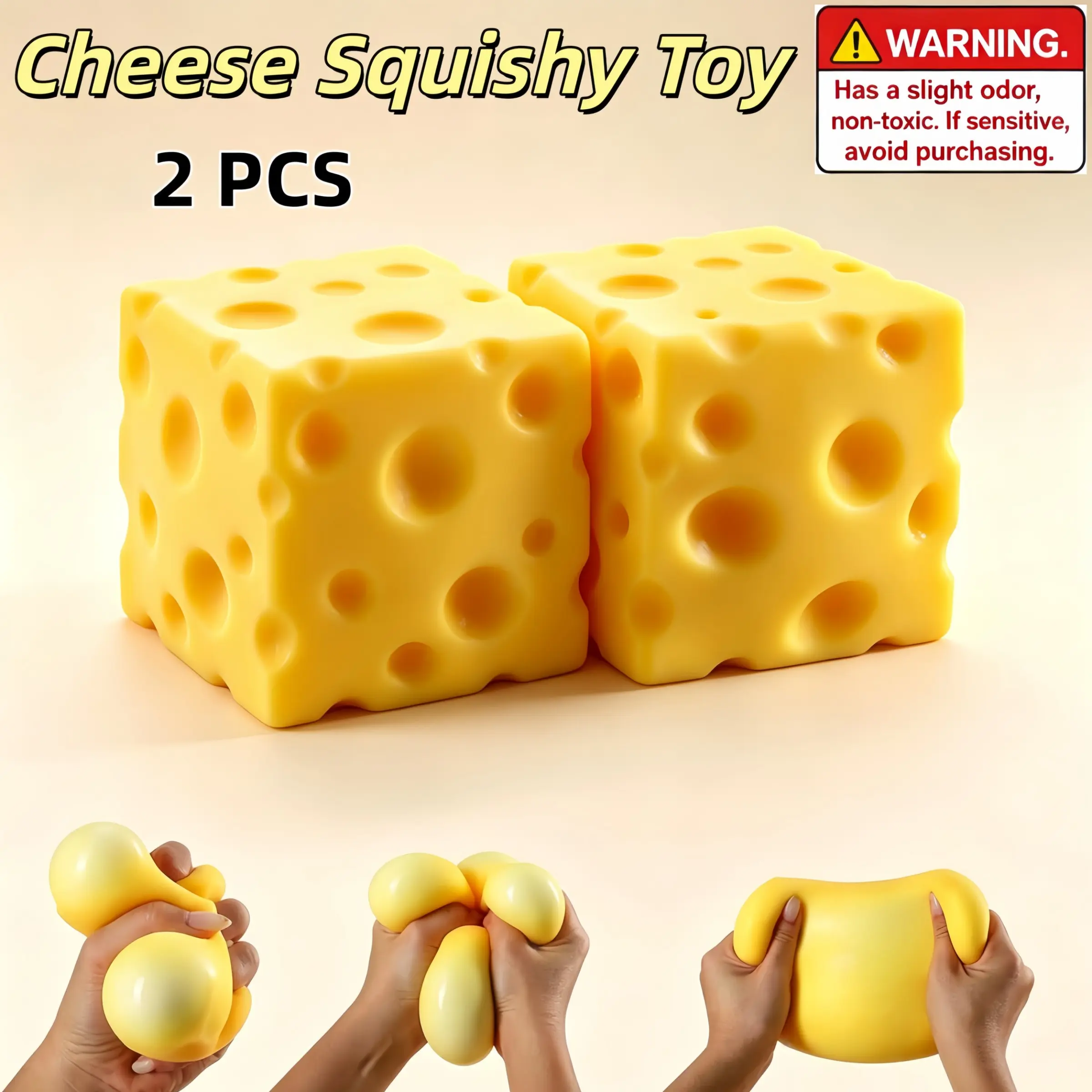2 Pack Sensory Stress Relief Cheese Squishy Ball, Square Flour Filled Soft Elastic Toy for Anxiety Release, Great Present for Kids and Adults, Squishy Sensory Fidgets