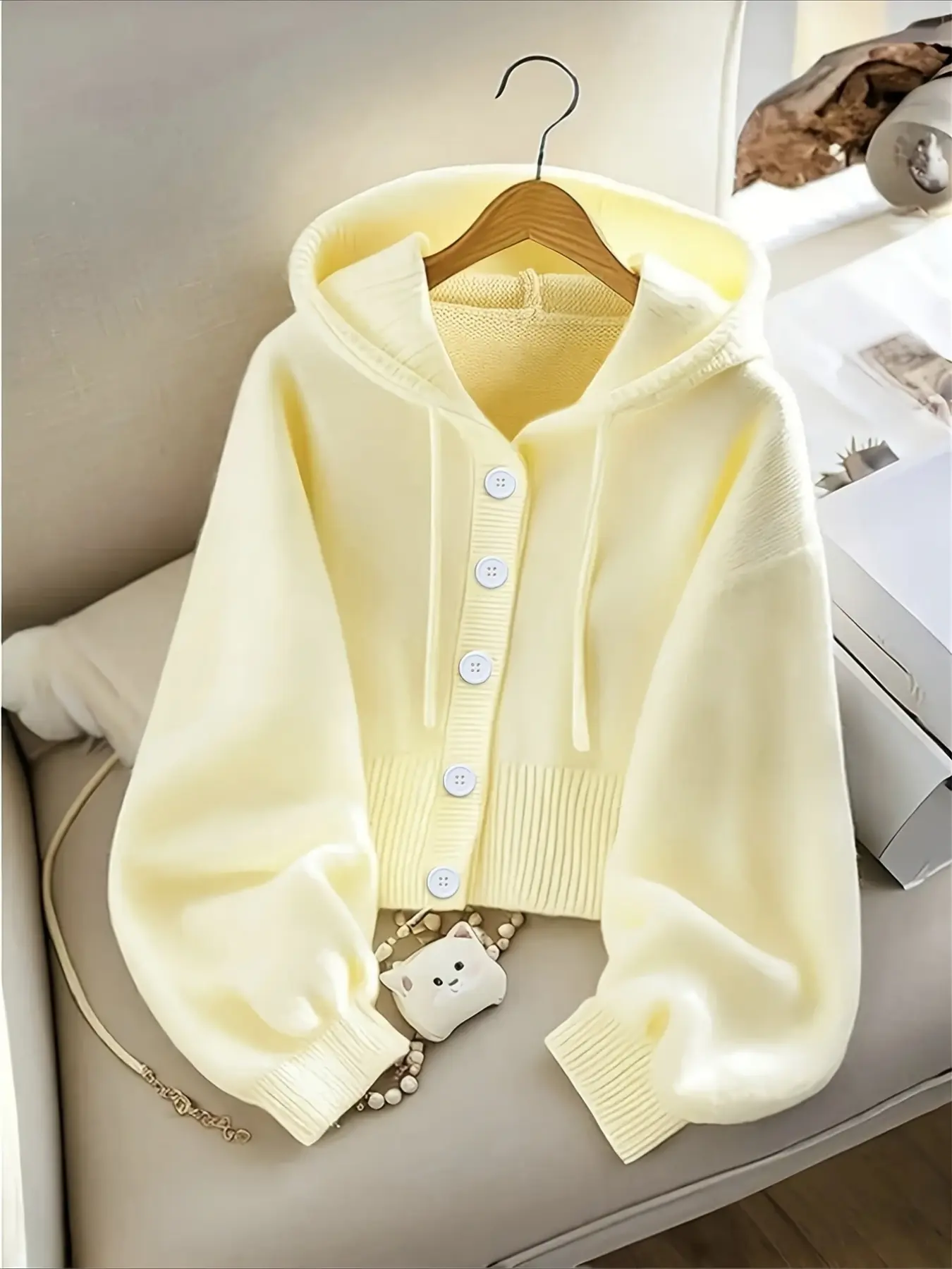 Spring New Elegant Loose Fit Outdoor Women's Button Front Hooded Knit Cardigan, Soft Polar Fleece Material, Casual All Seasons Wear