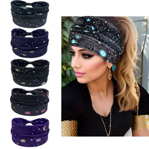 5 Pack Boho Headbands for Women Wide Bandana Hair Bands Celestial Sun Moon Galaxy Printed Elastic Turban Non Slip Multifunctional Headwrap Workout Yoga Running Sport Accessories