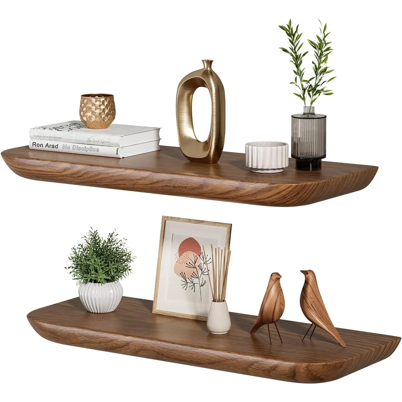 Solid Walnut Floating Shelves for Wall 16.5 Inch Set of 2, Round Edge Wall Mounted Shelf,Rustic Farmhouse Wooden Floating Shelf,Wood Wall Shelf for Bathroom Living Room,Bedroom,Kitchen