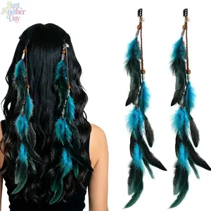 2 Pack Bohemian Natural Feather Hair Barrettes, Retro Indian Ethnic Wooden Bead Tassel BB Hair Clips, Hippie Long Pendant Hair Pins for Beach Vacation, Music Festival & Cosplay Outfit Decor