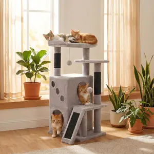 Tree for Indoor Cats, 34.6" Small  Tower with  Posts, 2 Condos,  Ramp & Dangling Toys,  Play House for Kittens and Small Cats, Black