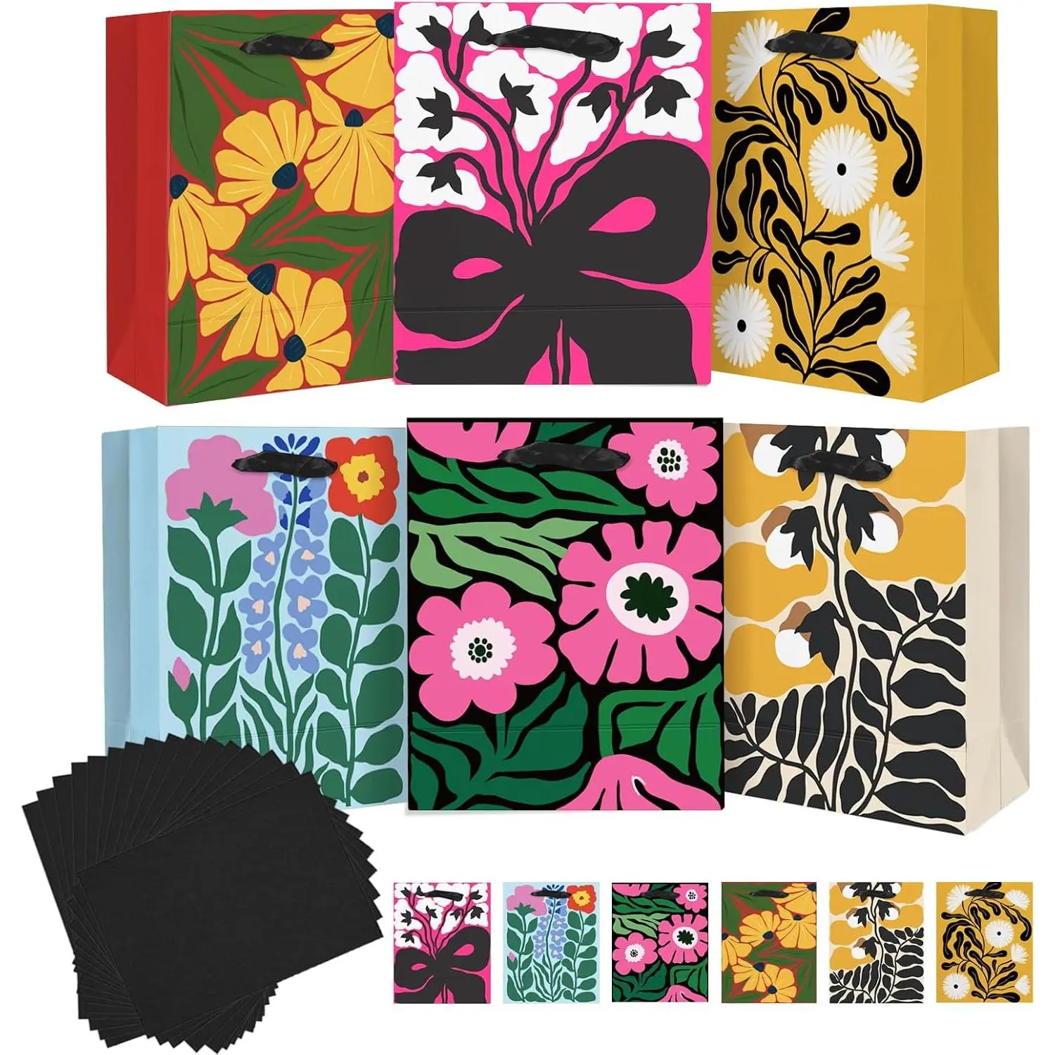 7.9"x4.3"x9.6" 6 count Blooming  Paper  Bags with Tissue Paper Handles Medium Size(6pcs Bags + Tissue Paper )