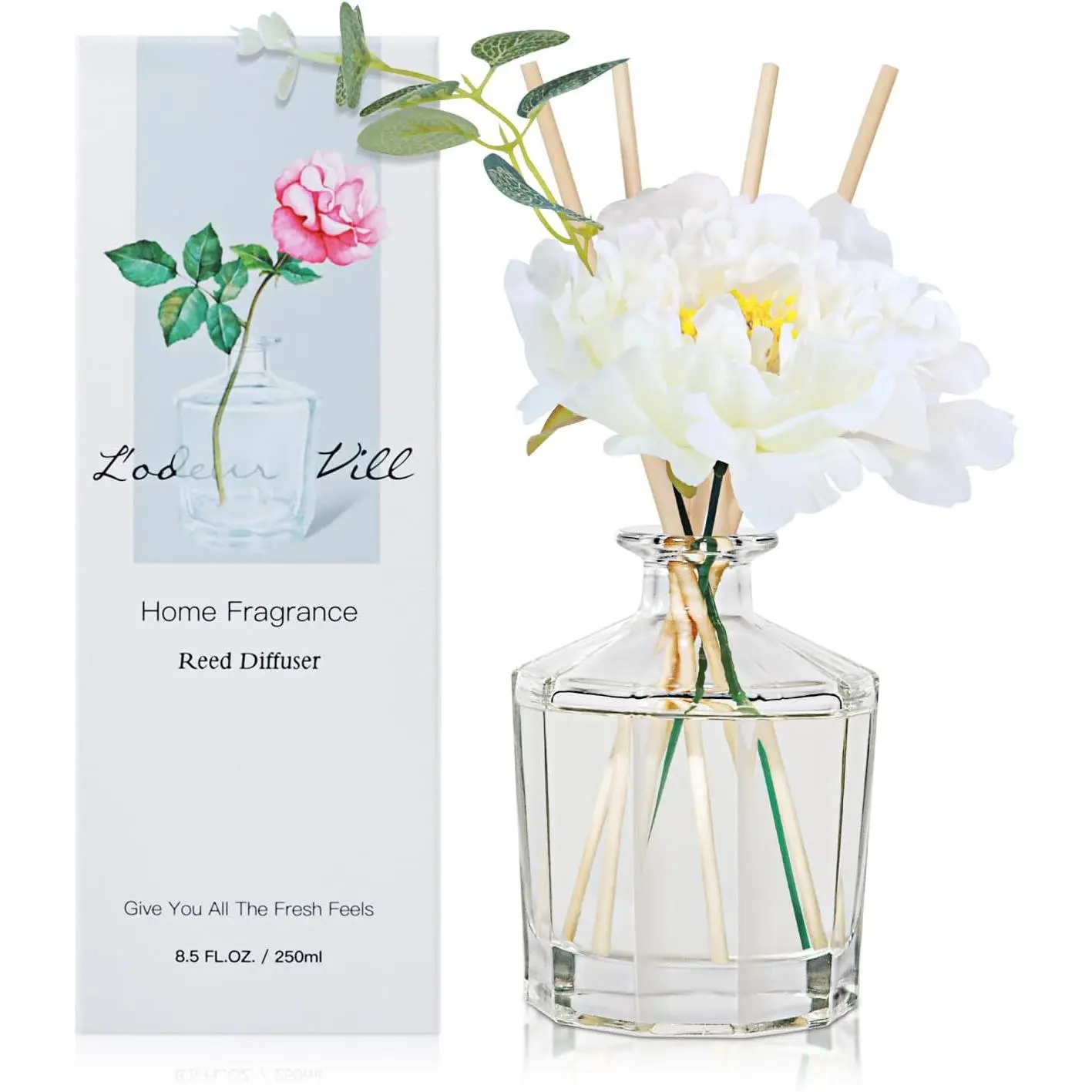 Reed Diffuser, 8.5 Oz(250ml) Jasmine  Bathroom Diffuser with 10 Sticks, Scented Diffuser   Essential Oil Reed Diffuser Set for  Large Rooms Bathroom Shelf Decor