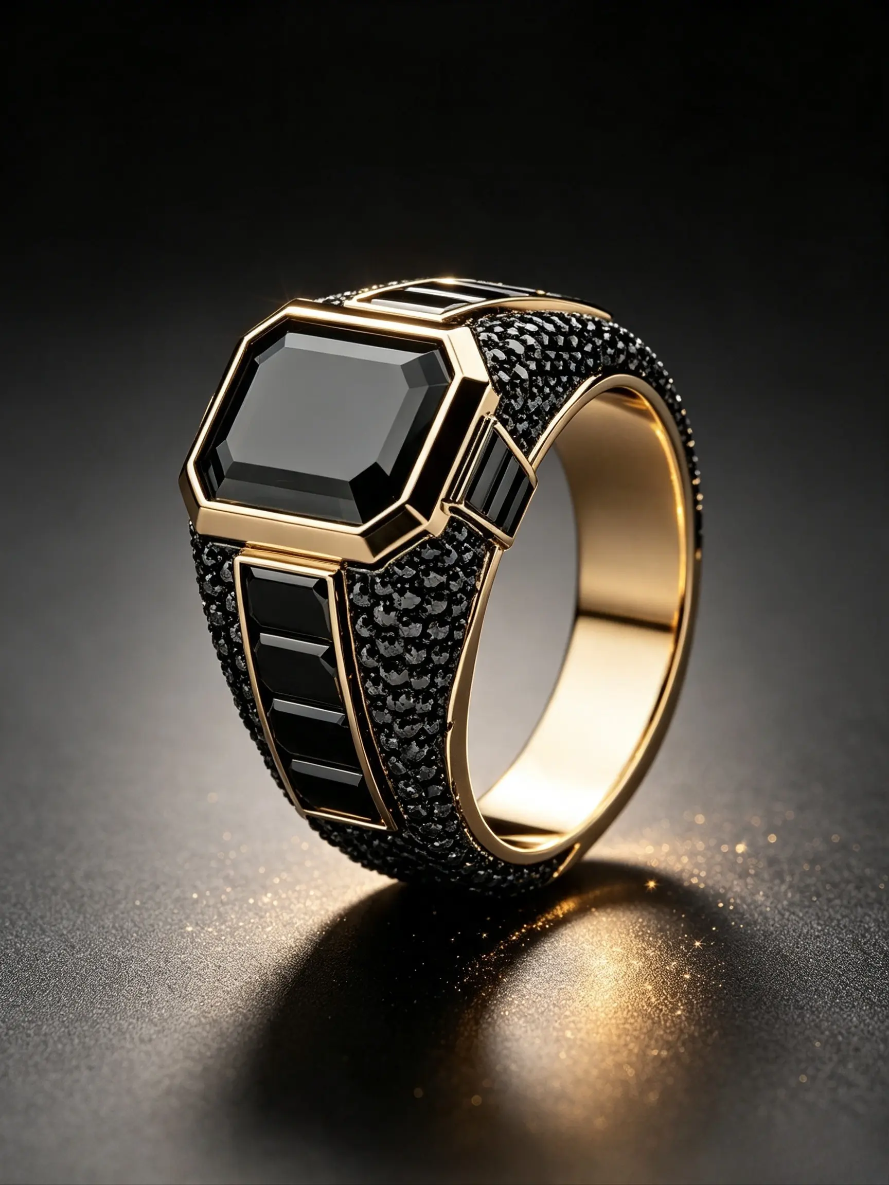 Men Hip‑Hop Wide Statement Ring, Octagonal‑Cut Created Black Onyx Main Stone, Gold‑Tone Metal Frame, Paved Tiny Black Rhinestones On Band, Inlaid Rectangular Black Accent Stones, Bold Chunky Retro Design, For Daily Wear Club Bar Night Party Ideal Birthday