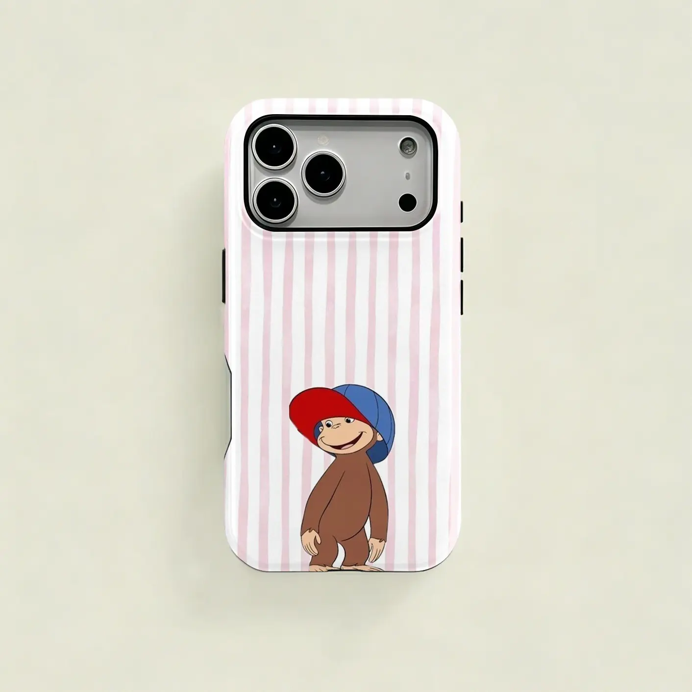 Pink Stripe Baseball Cap Curious George Monkey Tough Protective Phone Case, Funny Cute Cartoon Cover for Girls & Kids, Compatible iPhone 11-17  & Samsung Galaxy S21-S26