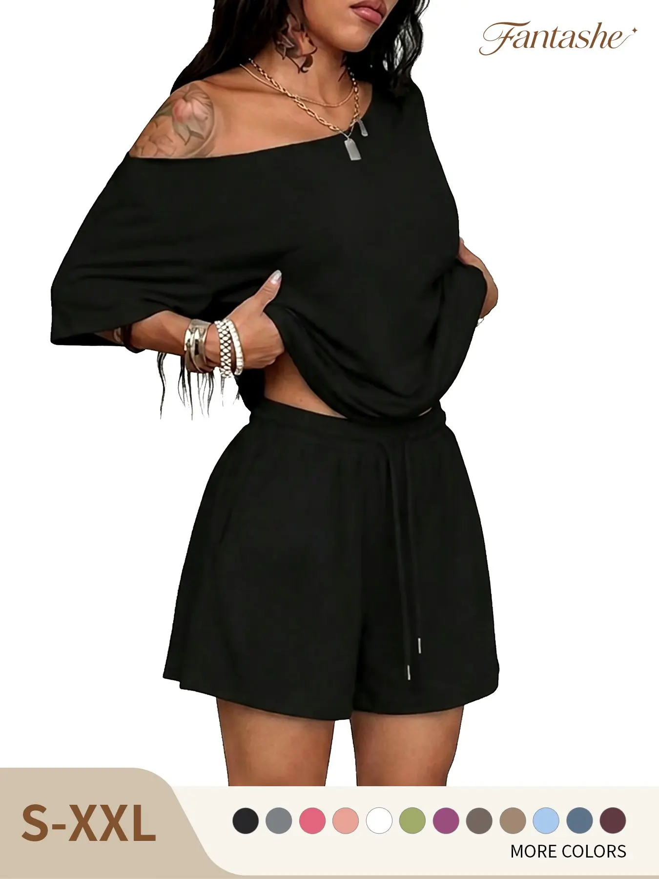 Women's Solid Minimalist Basic Daily Wear Going Out Sport Comfortable Off Shoulder T-Shirt And Shorts Two Pieces Outfits,Casual Comfortable Summer, Trendy Ladies Fashion Ensemble ,Pajama set,Lounge set,Pjs,summerwins,summersale,summeressential