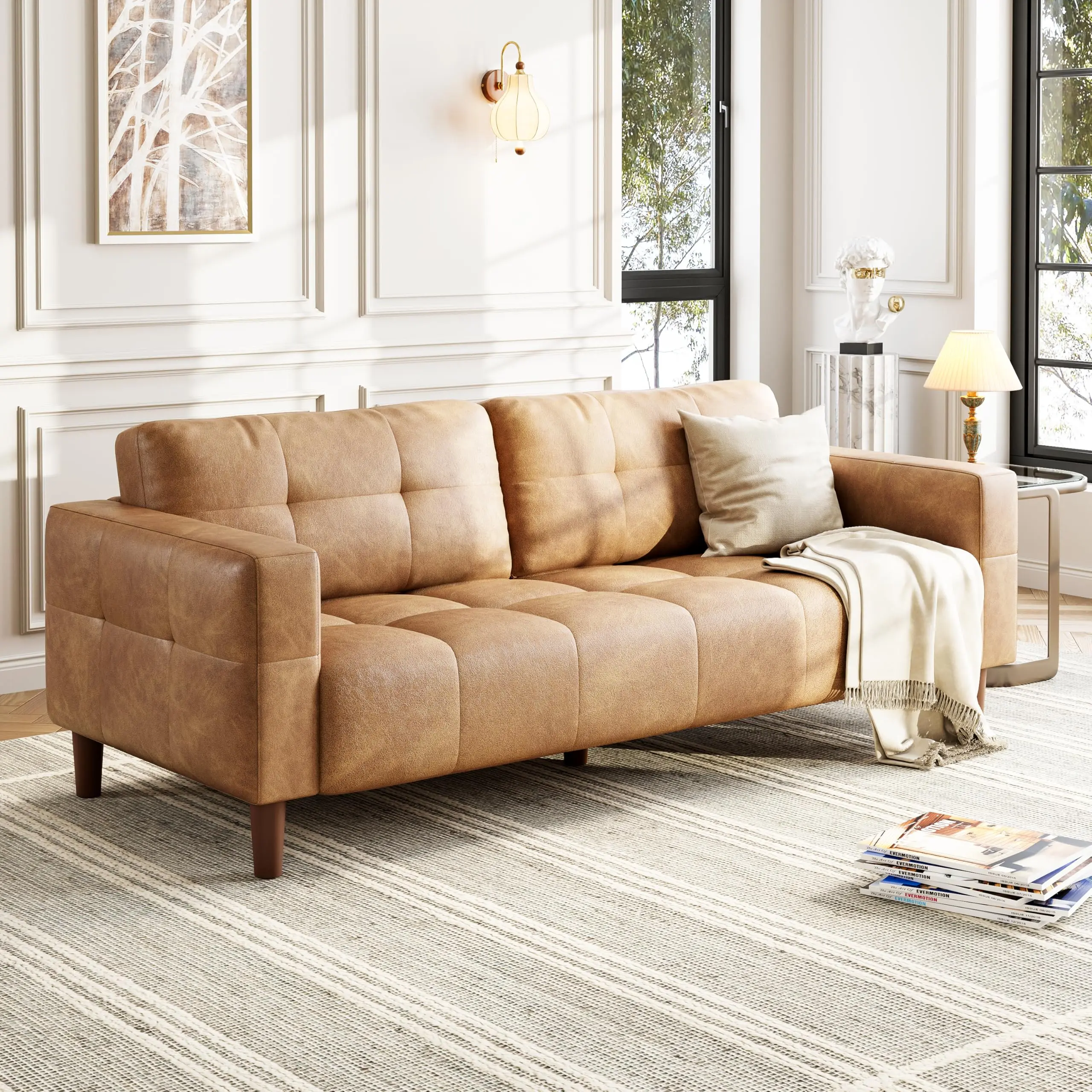Garvee 83.1 Inches Faux Leather Sofa Couch, Oversized Upholstered 3 Seater Sofa with Back Cushion, Mid-Century Modern Couch with Wide Arm, Loveseat Sofa for Office, Living Room, Bedroom, Brown