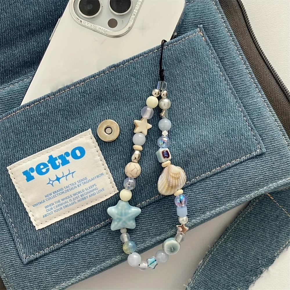 [Cute Charm] Blue Star Seashells Beaded Phone Strap | For Woman Girl | Cute Charm Chain Flower Phone Lanyard Keychain | For iPhone Case