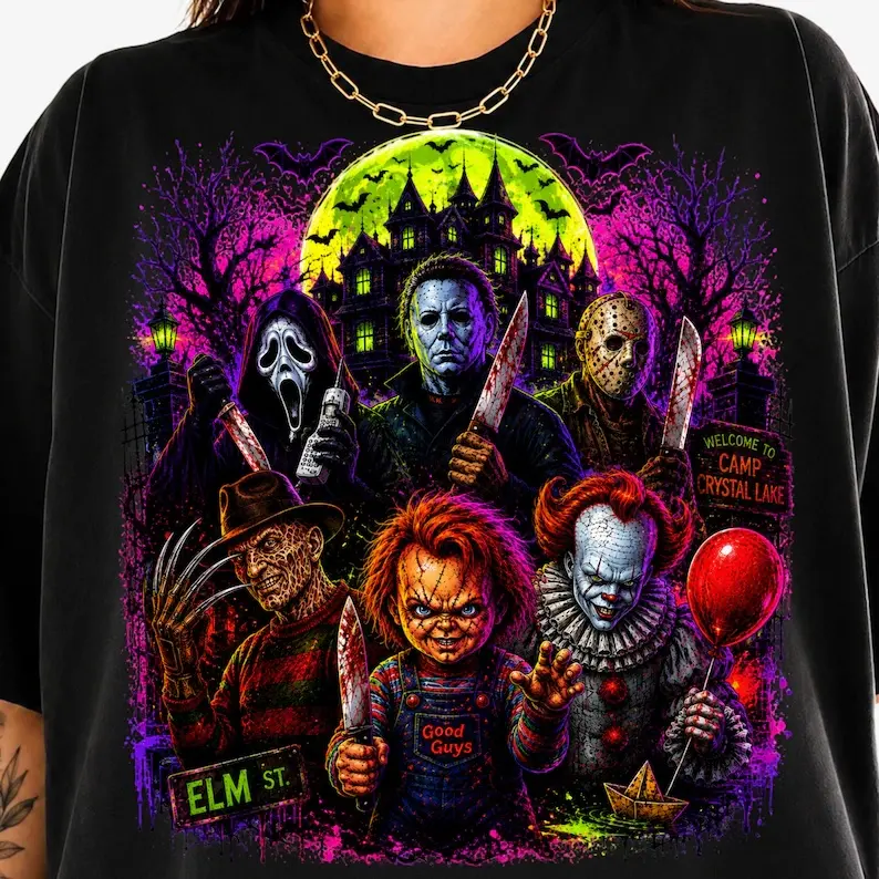 Neon Halloween Characters Shirts, Halloween Shirts, Scary Movie Characters, Neon Horror Shirts, Spooky Season Shirt