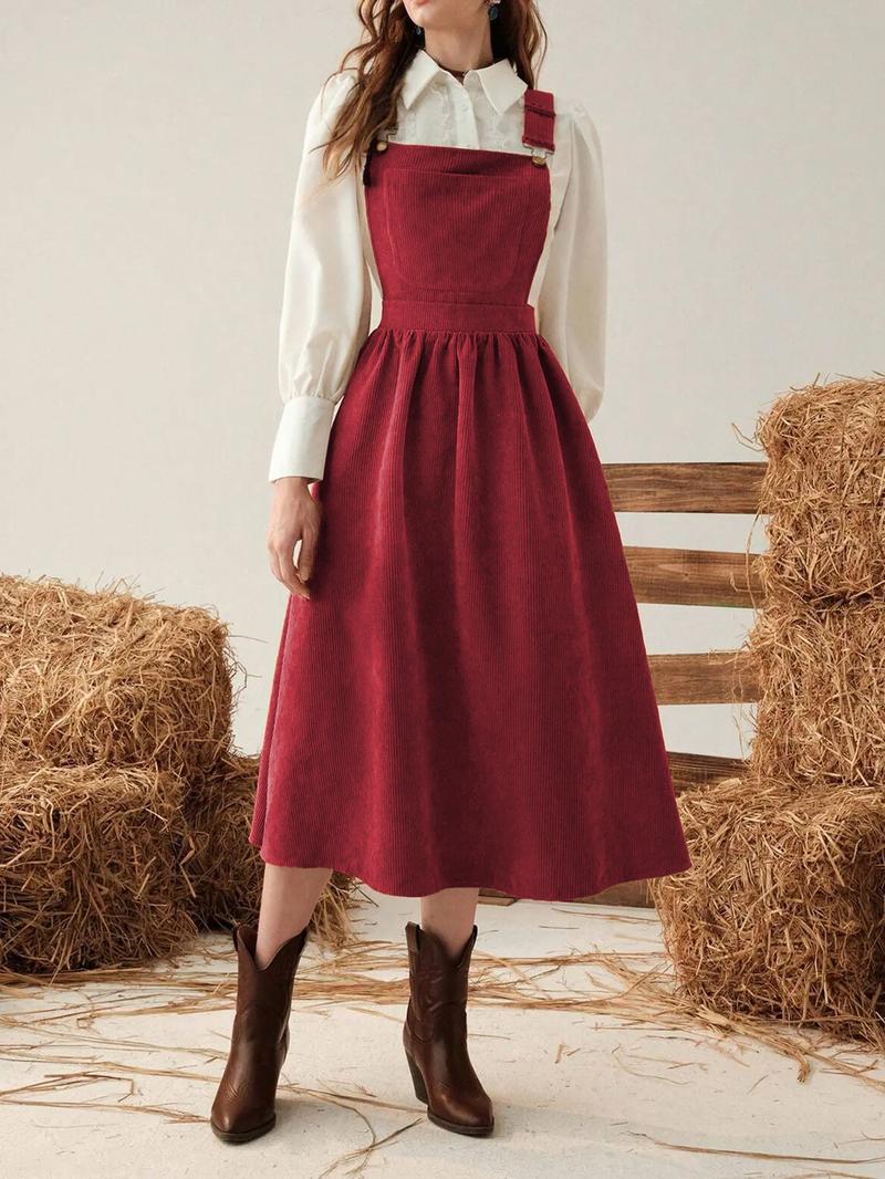 Women's Solid Ribbed Overalls Dress, Casual Sleeveless Square Neck A Line Dress for Spring & Fall, Women's Clothing for Daily Wear