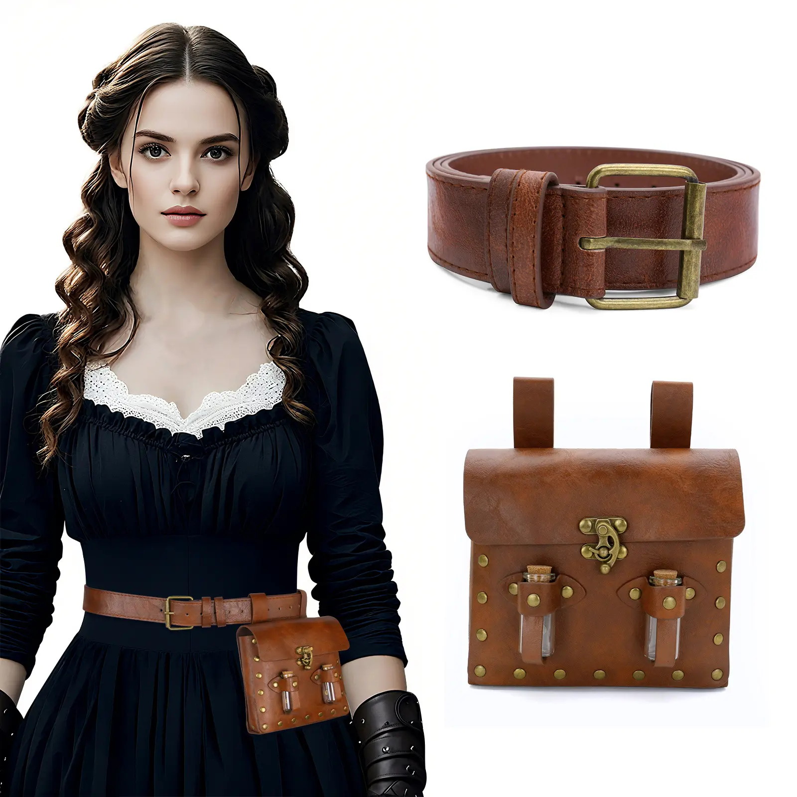 Effortless Brown Medieval Steampunk Leather Belt and Waist Pouch Set with 2 Glass Potion Bottles Vintage Renaissance Faire Latch Flap Bag Antique Brass Buckle Waistband Alchemist Sorceress LARP Cosplay Halloween Costume Accessories