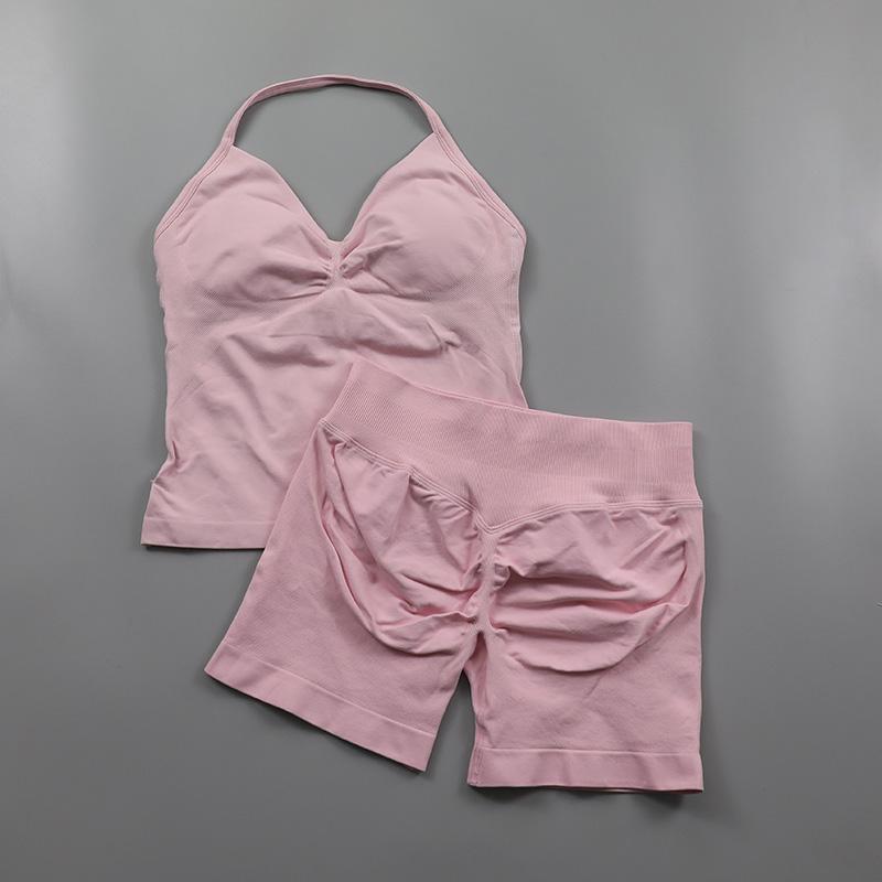 Impact Seamless Yoga Set Women 2Pcs Padded Halter Tank Top Scrunch Butt Lifting Gym Shorts Set Summer Sportswear Workout Clothes Sporty High Stretch Breathable Outfits Sporty High Stretch Sporty Breathable Outfits