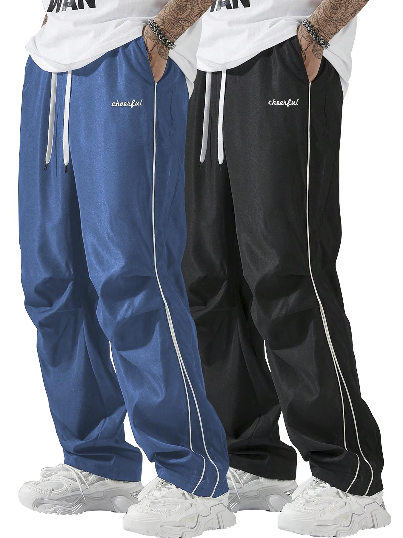 Men's Letter Embroidery Drawstring Waist Wide Leg Cargo Pants, Casual Comfy Pocket Trousers for Daily Wear, Woven Bottoms for All Seasons, Casual Streetwear Trousers