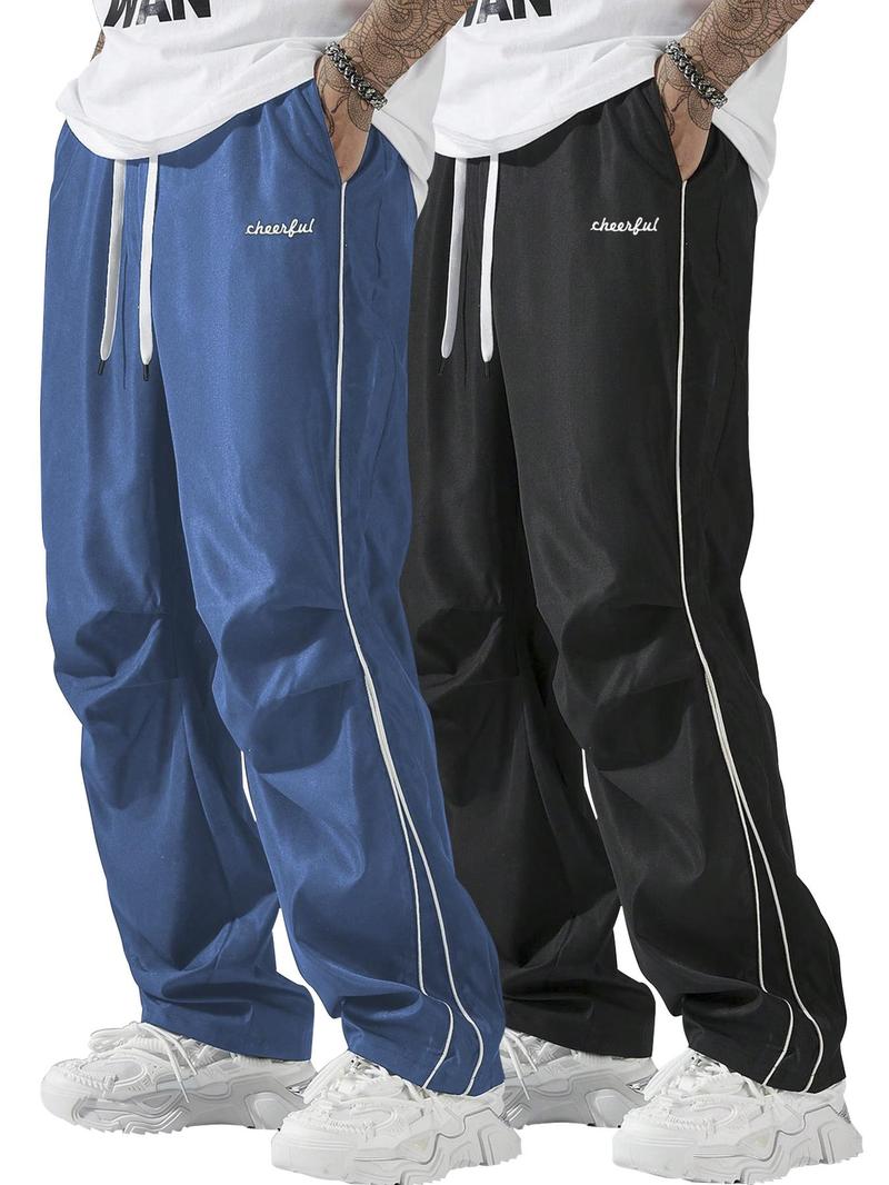 Men's Letter Embroidery Drawstring Waist Wide Leg Cargo Pants, Casual Comfy Pocket Trousers for Daily Wear, Woven Bottoms for All Seasons