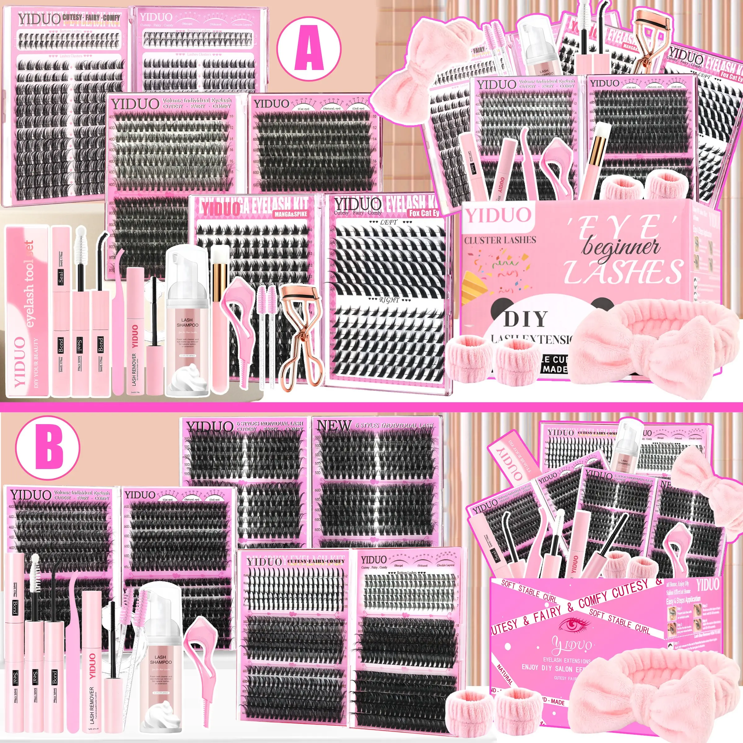 YIDUO 1214 Pcs Lash Clusters Kit, False Eyelashes Clusters, Diy Eyelash Cluster, Cat Eye/Manga/Fairy/40D/60D/80D/Bottom Lashes, WaterProof Eyelash Extensions Set for Beginners and Proficient, Soft comfortable Easy Apply Natural Look for Daily Makeup